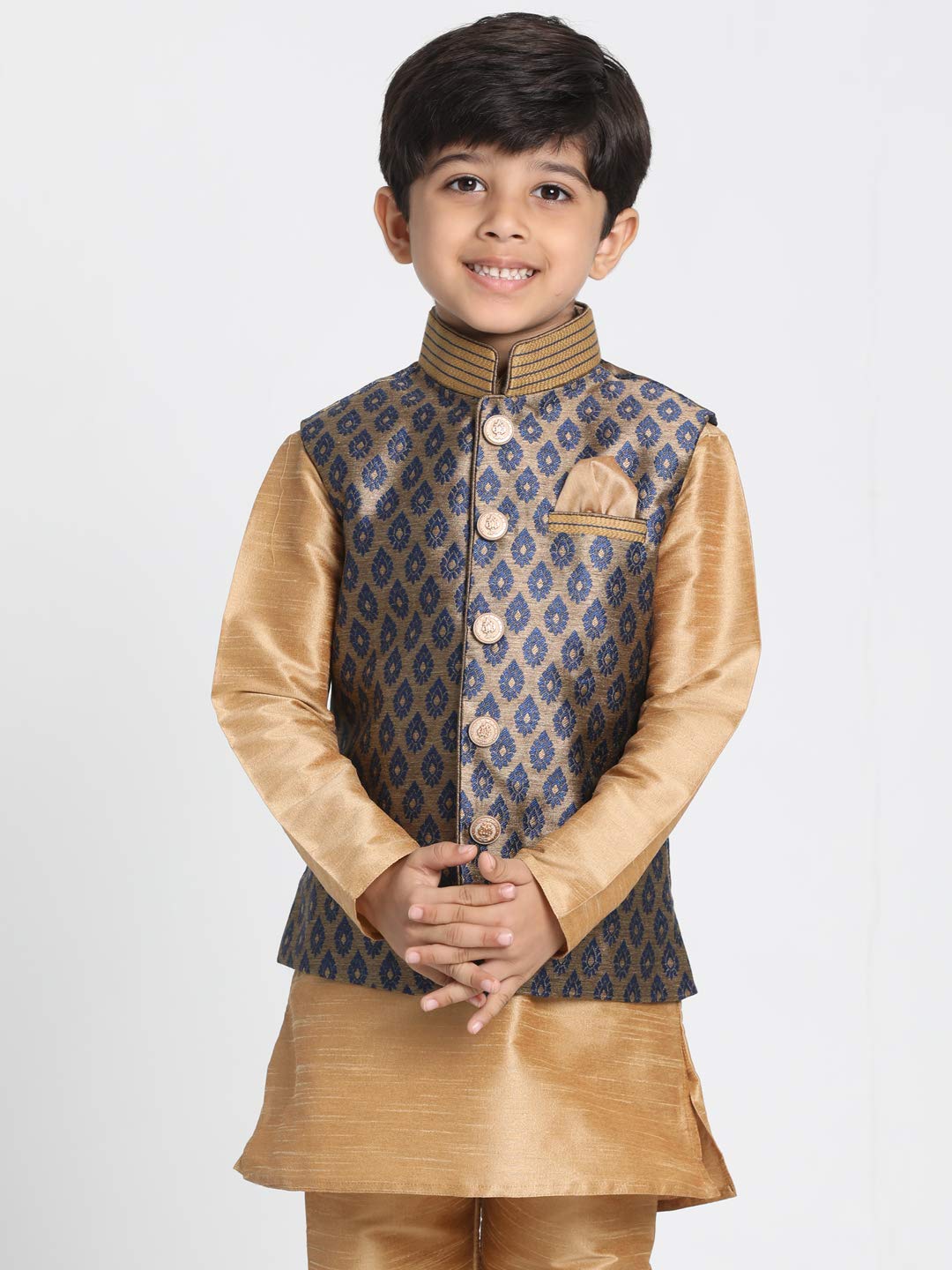 Jbn Creation Boys' Navy Blue And Gold Silk Blend Nehru Jacket (Vasbj025Nb, For 9-10 Years)