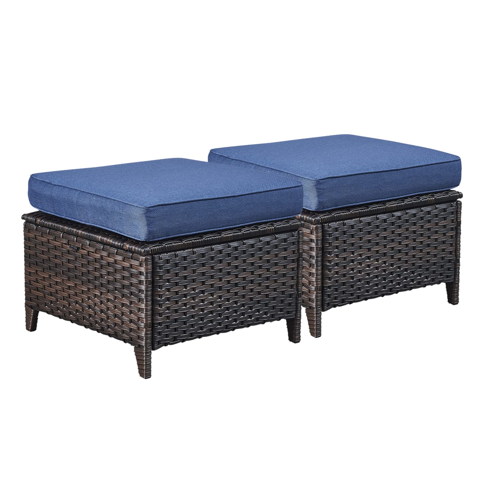 Outdoor Ottomans Patio Foot Rest - 2 Piece Wicker Rattan Ottoman Footrests Footstools with Comfortable Cushions for Patio Porch Deck Balcony Garden(Brown Wicker/Blue Cushion)