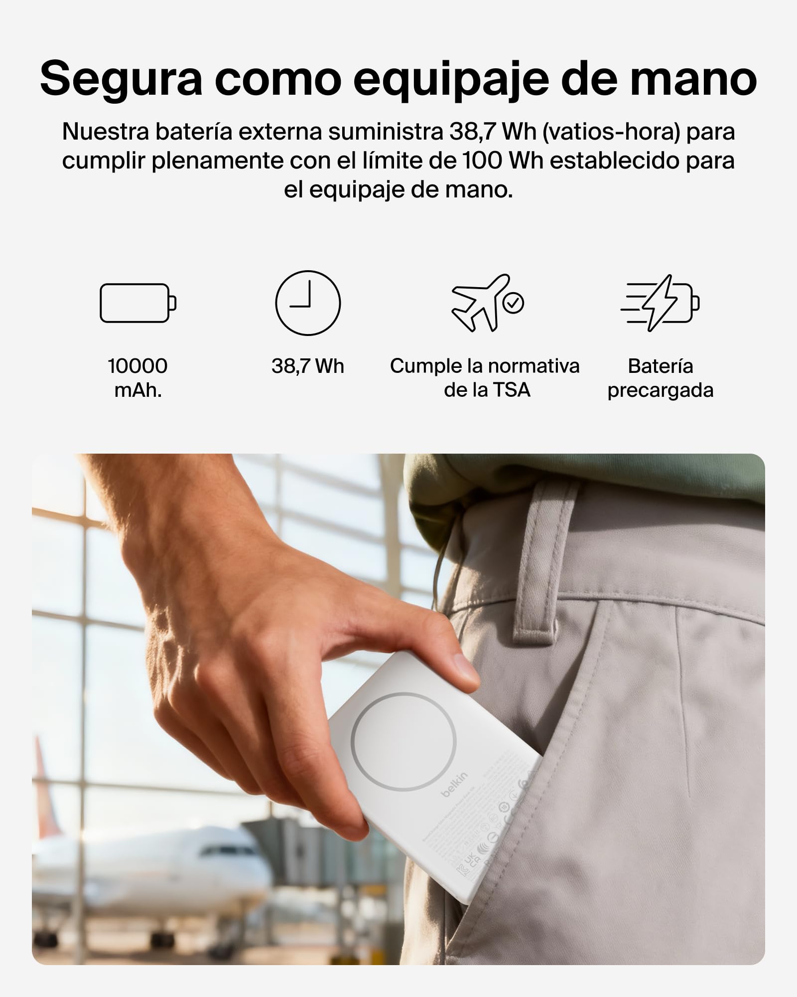 Belkin BoostCharge Batería Externa Magnética 10000mAh 1 Puerto USB-C Blanco | Power Bank 10000 mAh, Anillo Magnético, 2 Puertos USB-C, Cable Incluido, Autorizada como Equipaje de Mano, Batería Portátil