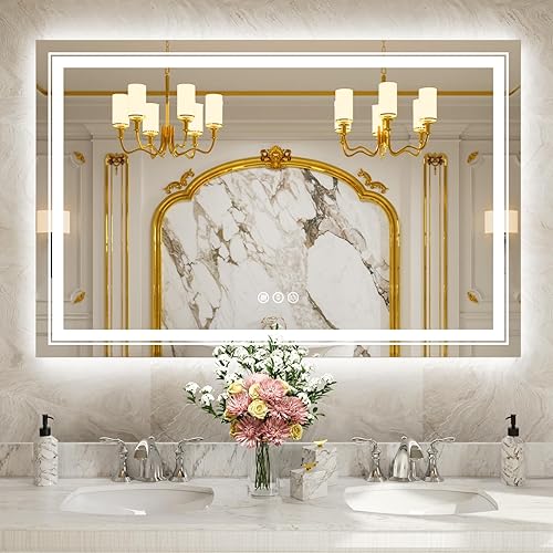 Espejo de baño LED de 55 x 36 pulgadas con retroiluminación RGB y luz frontal, espejo LED regulable continuo para baño, espejo de tocador de baño