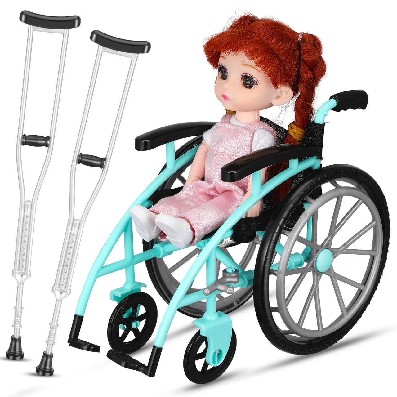 Juego De Silla De Ruedas Y Muletas Para Muñecas | Accesorio Realista En Miniatura Para Casas De Muñecas | Plástico Seguro Y Duradero
