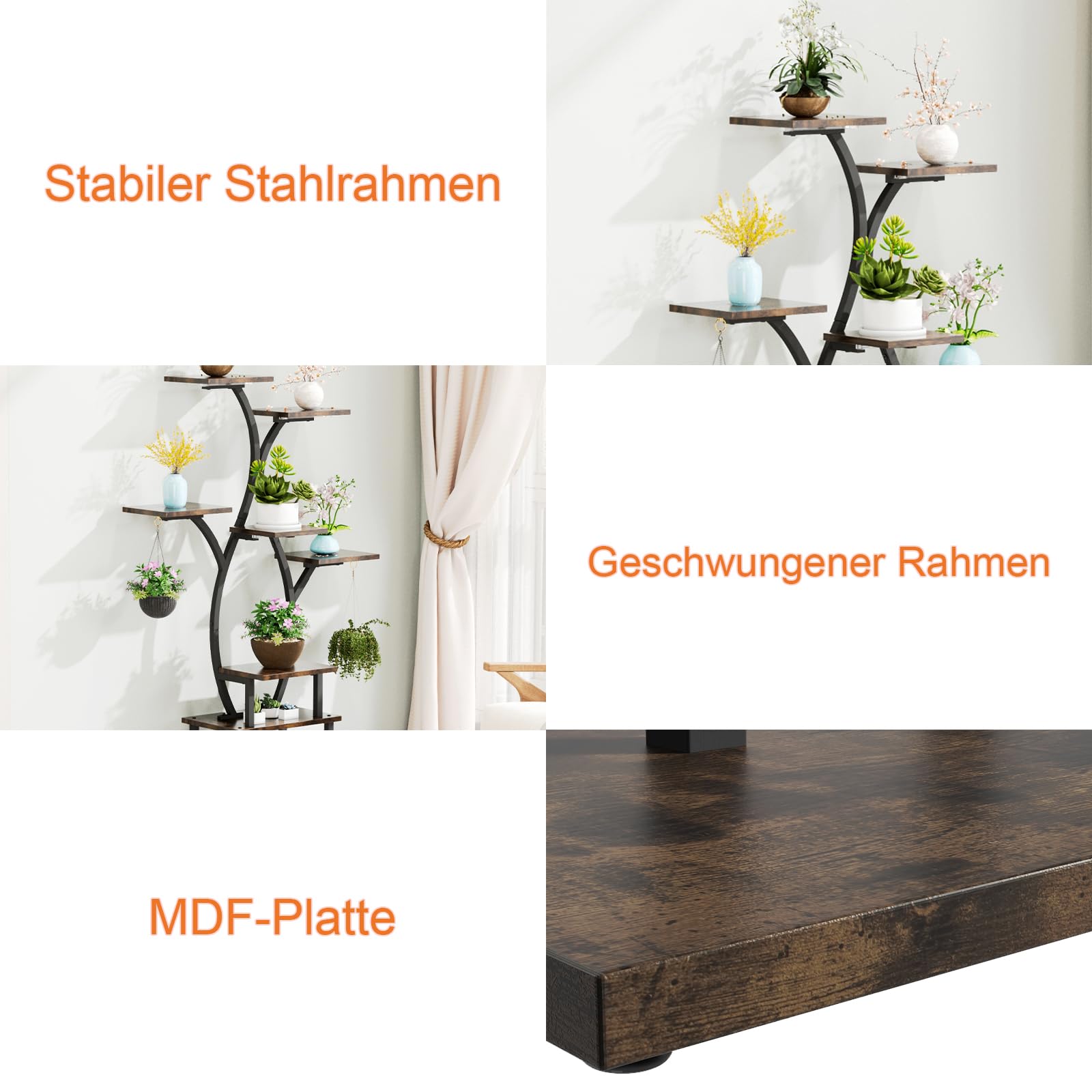 Blumenständer mit Licht Pflanzenregal mit Wachstumslicht 8 Ebenen Präsentationsständern aus Metall und Holz Blumenständer für Terrasse, Garten, Balkon, Wohnzimmer
