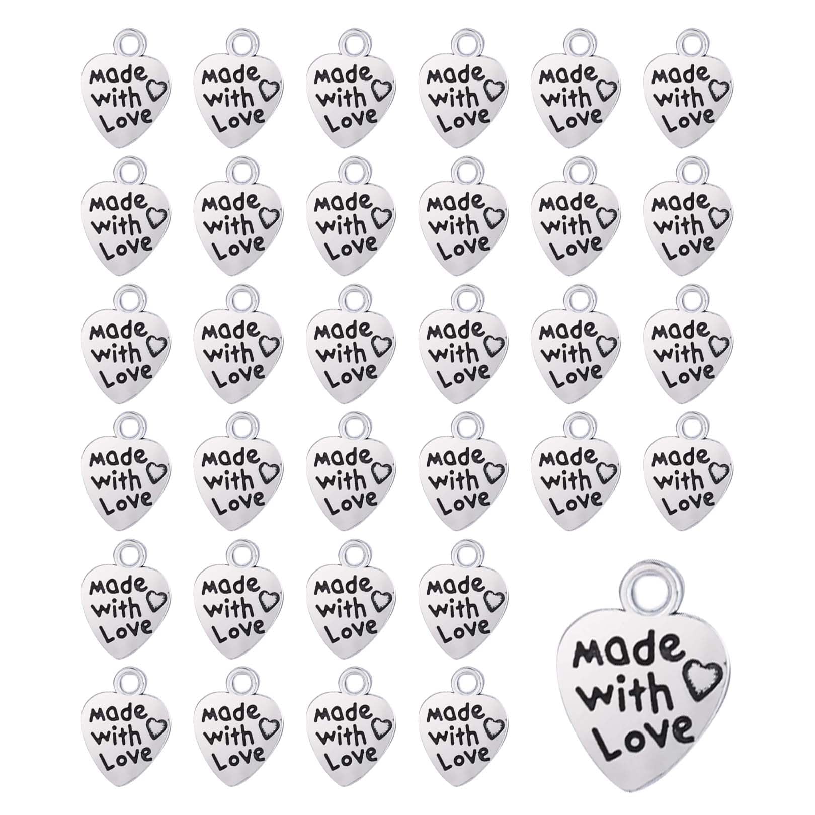 Gunwon 50 Pieces Antique Silver Heart Charms, Made with Love Heart Pendants, Handmade Made with Love Charms Heart Shape For DIY Jewellery Making Bracelet Necklace Keychain Crafting