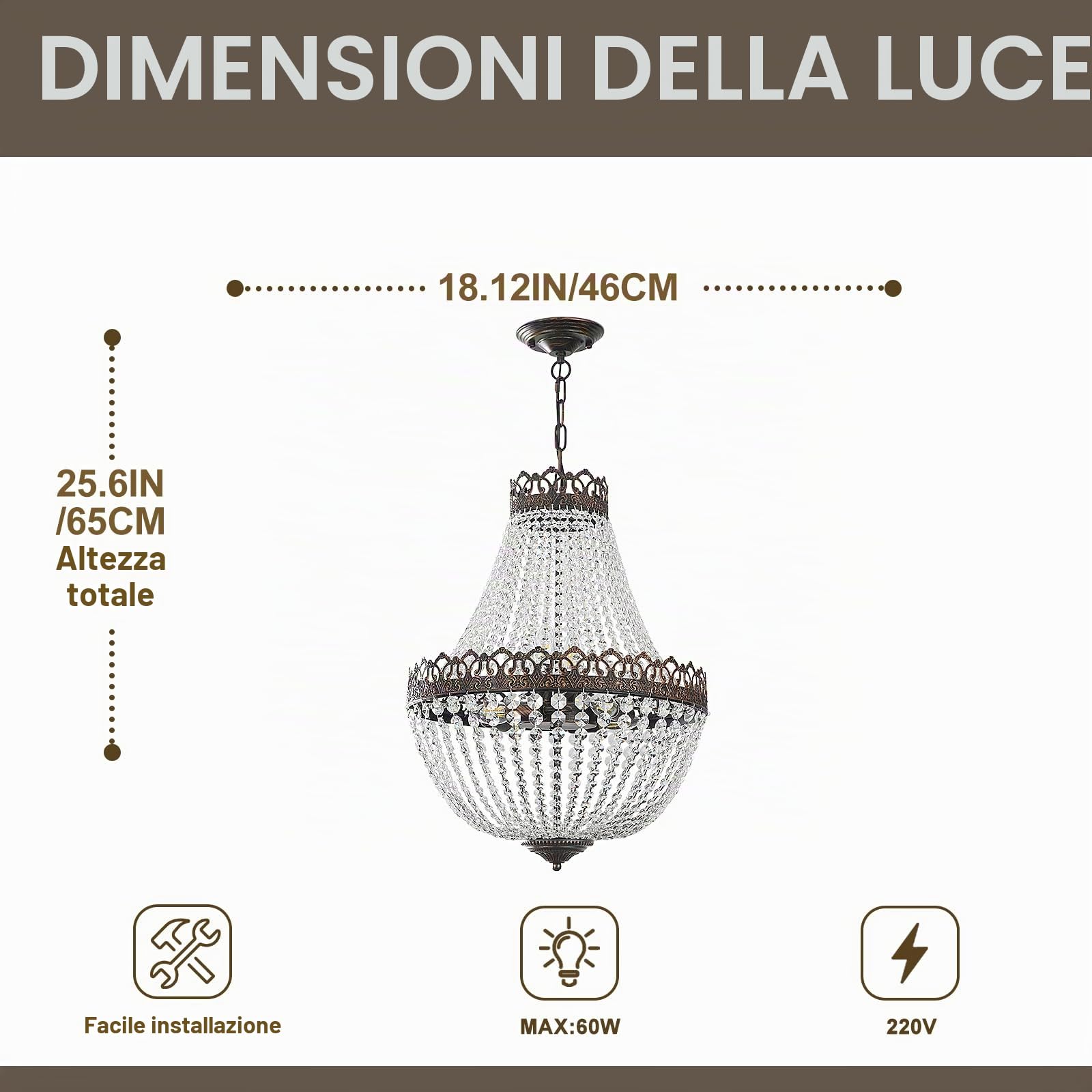 Lampadario Cristallo Vintage,Lampadario Camera da Letto E14,Catena Regolabile L100cm,Lampadario Cucina Sospensione 4 Luci,Lampadario Led Soffitto Soggiorno Anticata Nera-Oro,60W,Ø46*63cm.