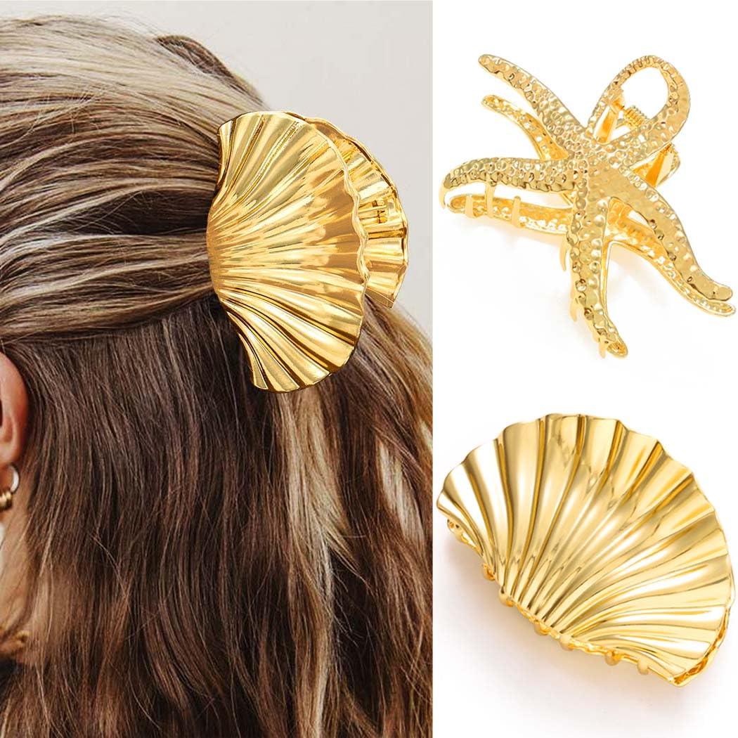 Reaky Seashell Claw Clips Gold Metal Hair Clip Starfish Hair Claw Clip Hair Accessories for Women (Gold)