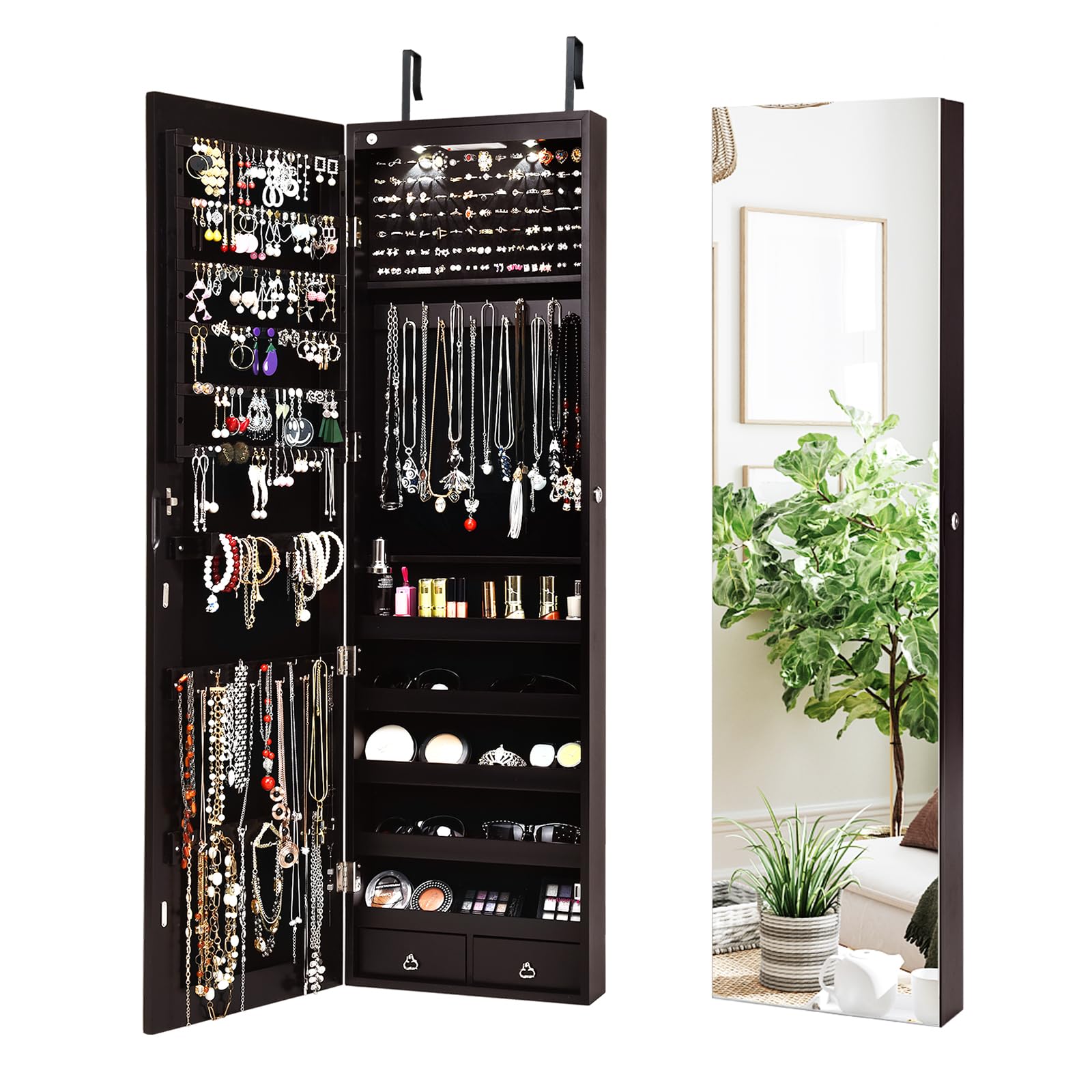NAFORT 2 LEDs Mirror Jewelry Cabinet, 47.5-Inch Tall Wall or Door Mounted Jewelry Organizers and Storage with Frameless Full-length Mirror, Lockable Jewelry Armoire with 2 Drawers, Espresso