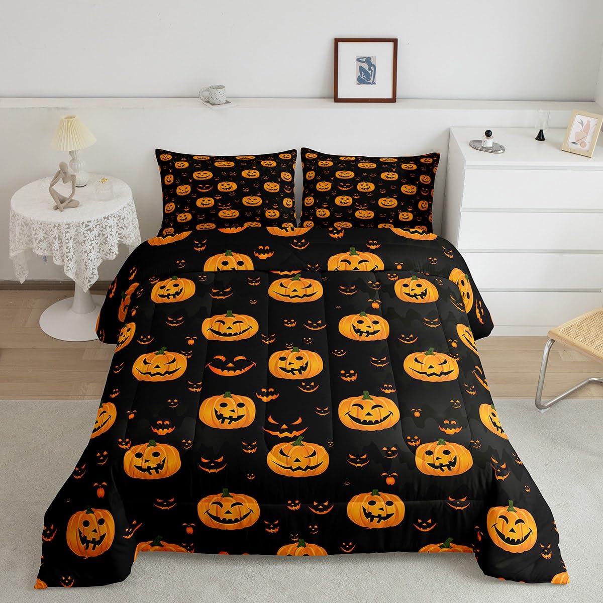 Funny Pumpkin Comforter Cute Halloween Comforter Set for Kids Boys Girls Orange Black Bedding Set Cartoon Festival Decor Quilt with 1 Pillowcase 2Pcs Bedding Twin Boys