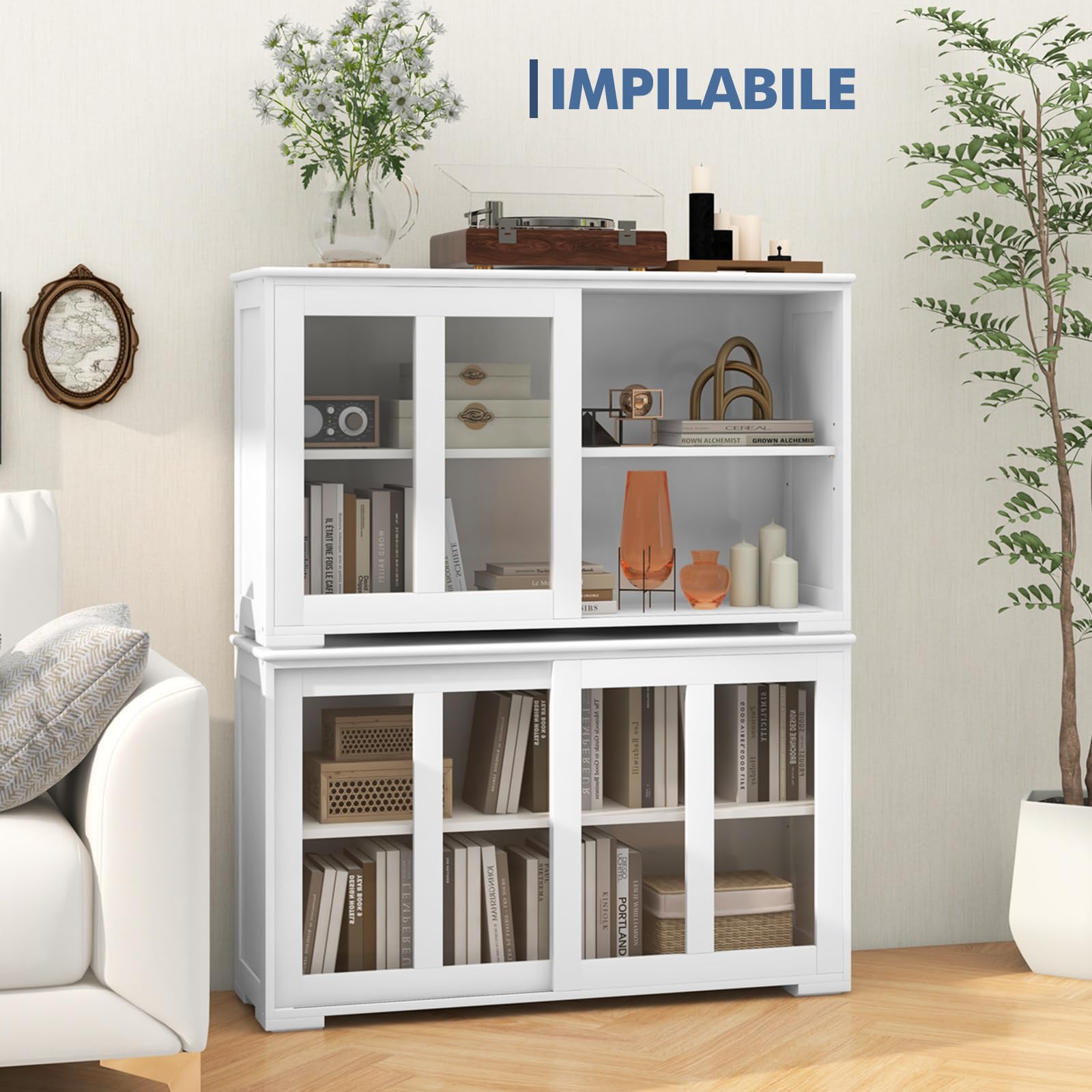 COSTWAY Armadietto da Cucina Mobile Laterale Multiuso con Ante Scorrevoli, in MDF e Vetro, 106,5 x 33 x 62,5 cm (Bianco)