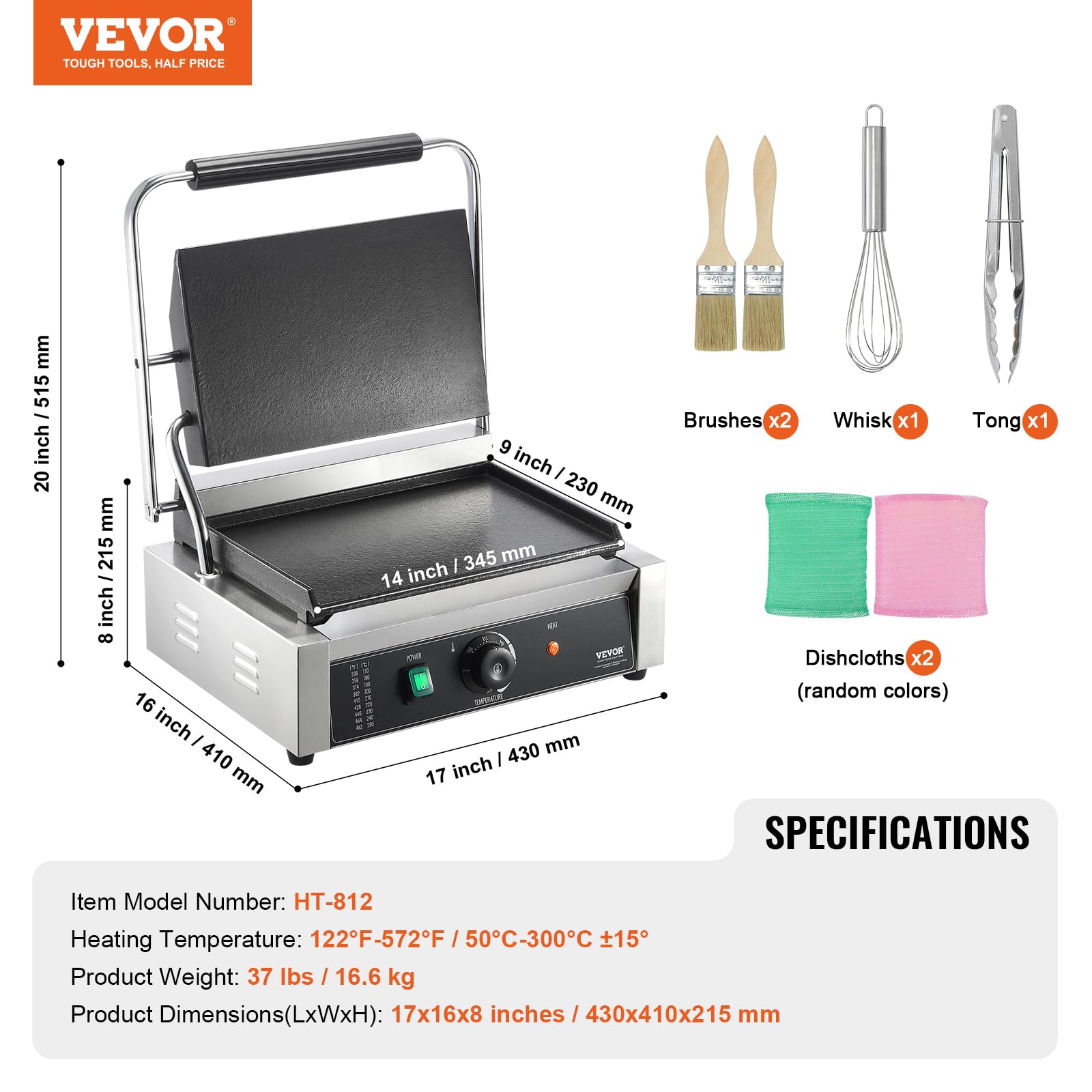 VEVOR Griglia per Panini Commerciale, 2200 W Pressa per Sandwich in Acciaio Inox, Griglia per Panini con Controllo della Temperatura, Piastra Smaltata Completa da 345 x 230 mm per Bistecca, Pancetta