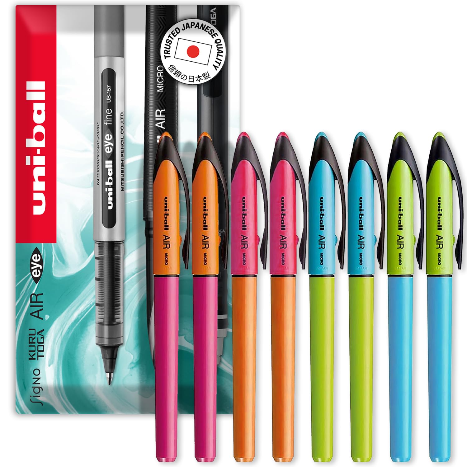 uni-ball Air – 0.5mm Rollerball - Blue, Green, Pink and Orange Barrels - Black Ink – Pack of 8 - UBA-188E-M - In Envelope Gift Packaging