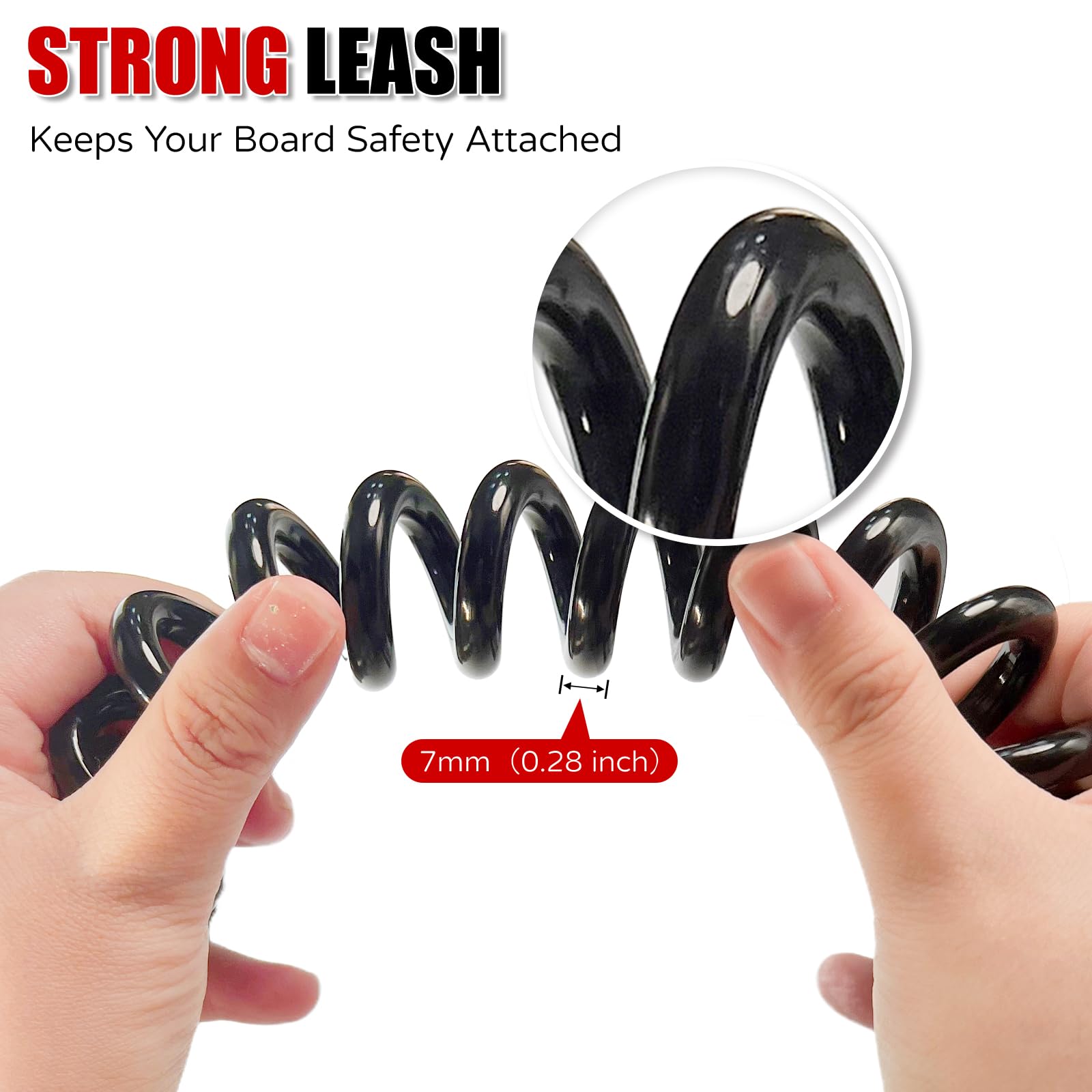 LVOORTOREN Premium Surfboard Leash,10 ft Coiled Paddle Board Leash, 7 mm Thick Legrope Strap for Longboard Surfboards, Stand-up Paddleboards, iSUP Replacement Leg Rope, Black