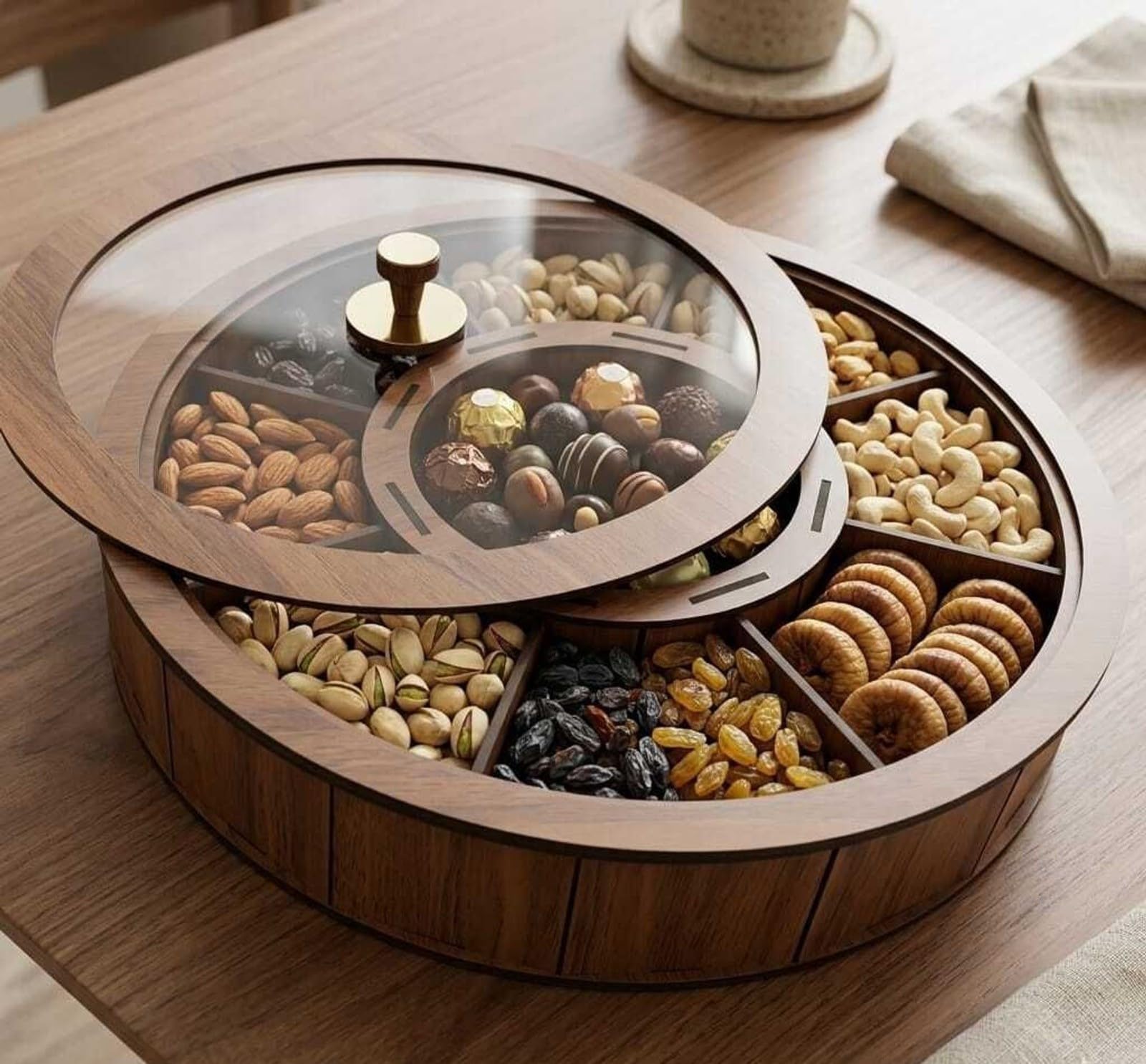 Wooden Dry Fruit Box with Rotating Transparent Lid, 9 Section Snack Serving Tray for Dry Fruits, Nuts, Chocolates, Candies & Mouth Fresheners | Round MDF Serving Organizer for Home & Festivals-image-23