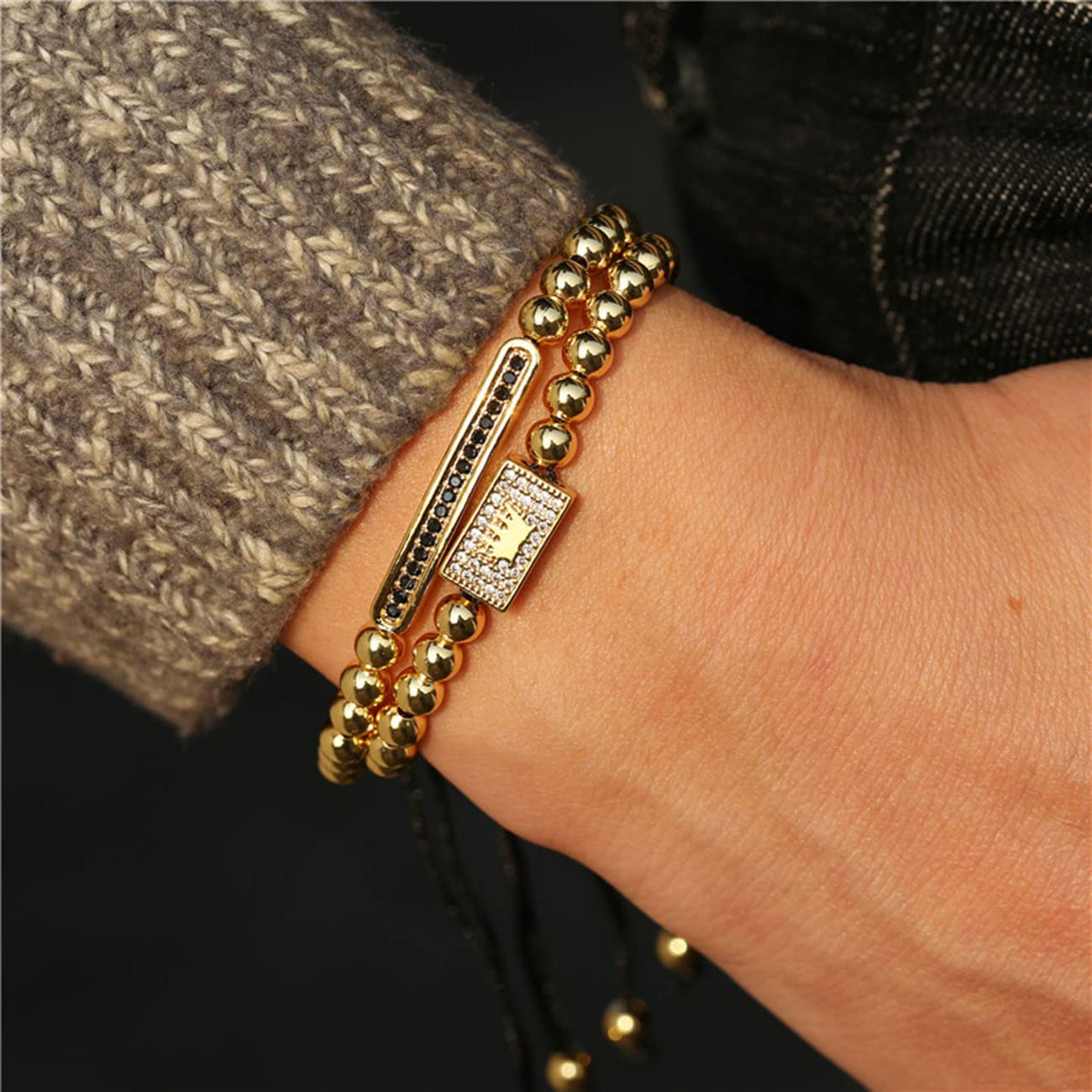 Pulseras de Hombre Pulseras de Mujer Pulseras de Acero Inoxidable Pulseras de Corona de circón Trenzado Rectangular de Lujo