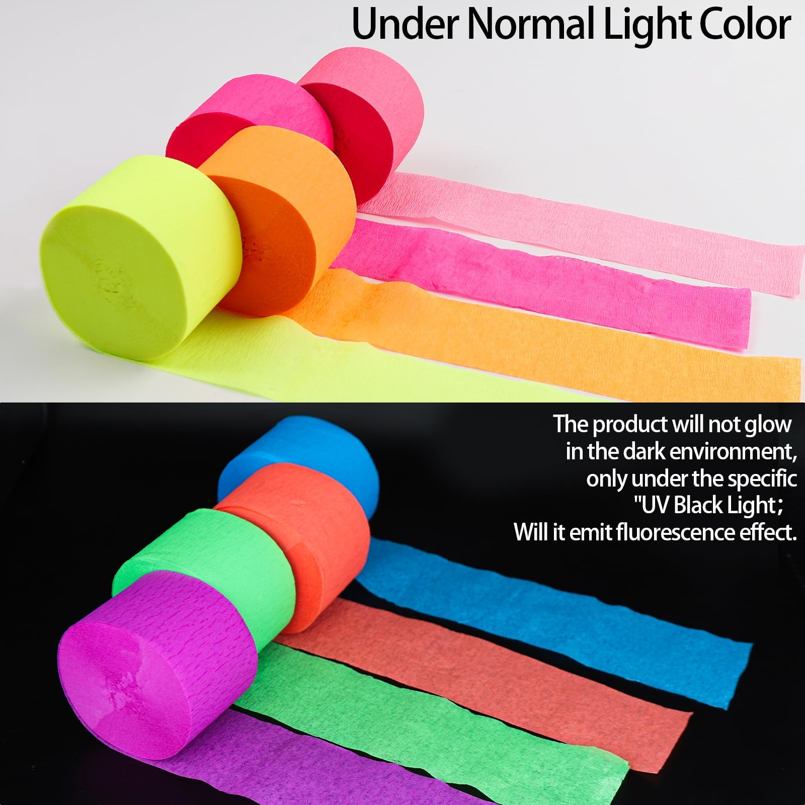 Świecące serpentyny z papieru krepowego, świecące w ciemnym świetle, reaktywne promieniowanie UV, fluorescencyjne, na imprezę, na ślub, urodziny, czarne światło, artykuły imprezowe, dekoracje, 730 m
