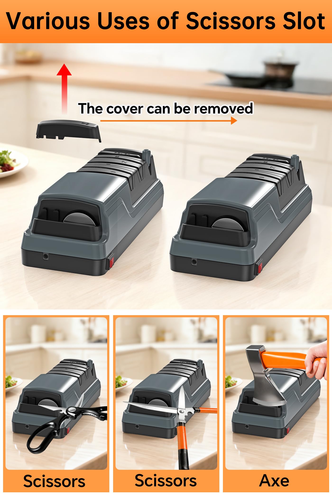 Affilacoltelli Elettrico Multifunzione 5 in 1, Affilacoltelli Elettrico Professionale per l'Affilatura e la Lucidatura, Coltelli da Cucina e Forbici per un Ripristino Rapido, Grigio scuro