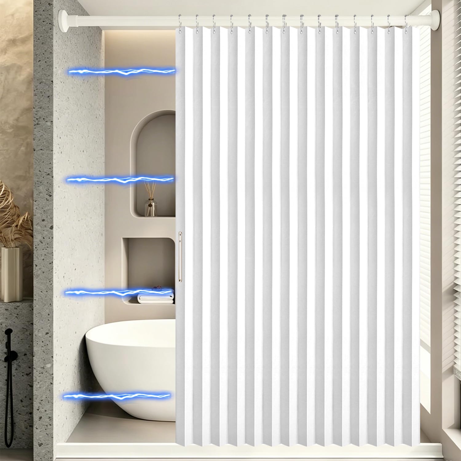 Vectorwinn Folding Shower Curtain, Accordion Style Linen Shower Curtains With Hooks, Magnetic Waterproof Shower Curtains with PVC Liner (White, 77Wx72L inch)