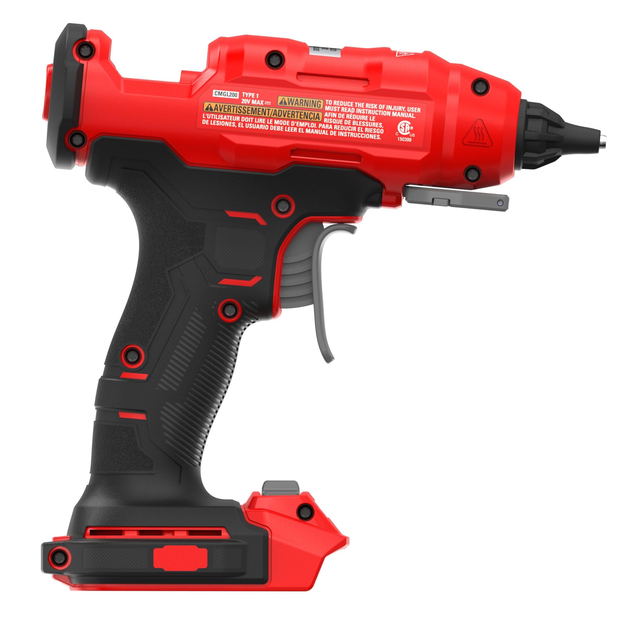 CRAFTSMAN Pistola de pegamento caliente V20 de tamaño completo, juego de pistola de pegamento inalámbrica y varillas con luz LED, boquillas y llave intercambiables, bandeja de inmersión retráctil