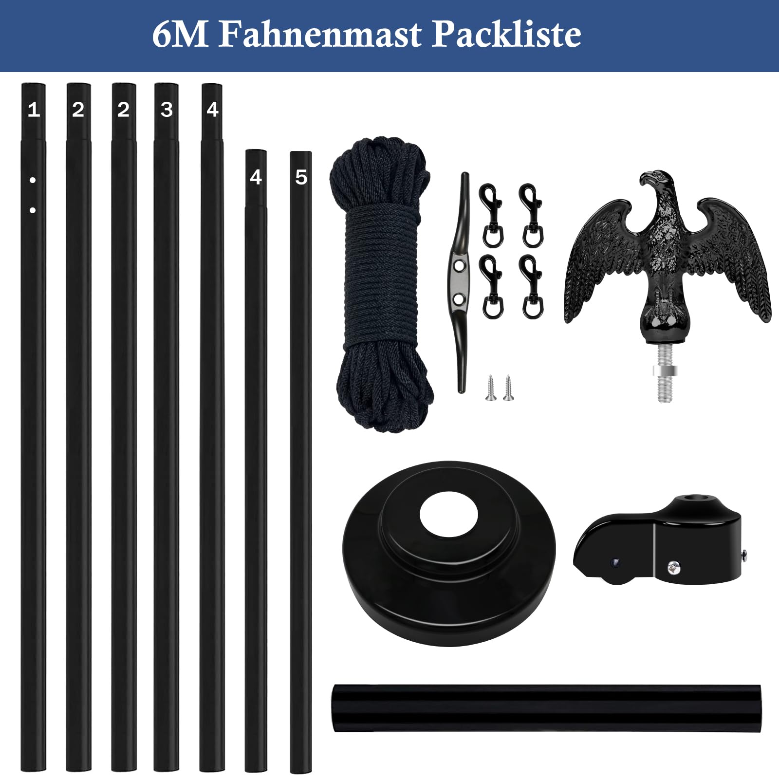 NQ Fahnenmast 6M stabil, 20FT Aluminium Fahnenmast höhenverstellbar, Fahnenstange Set für Außenbereich, Deutscher Fahnenmast(Schwarz)