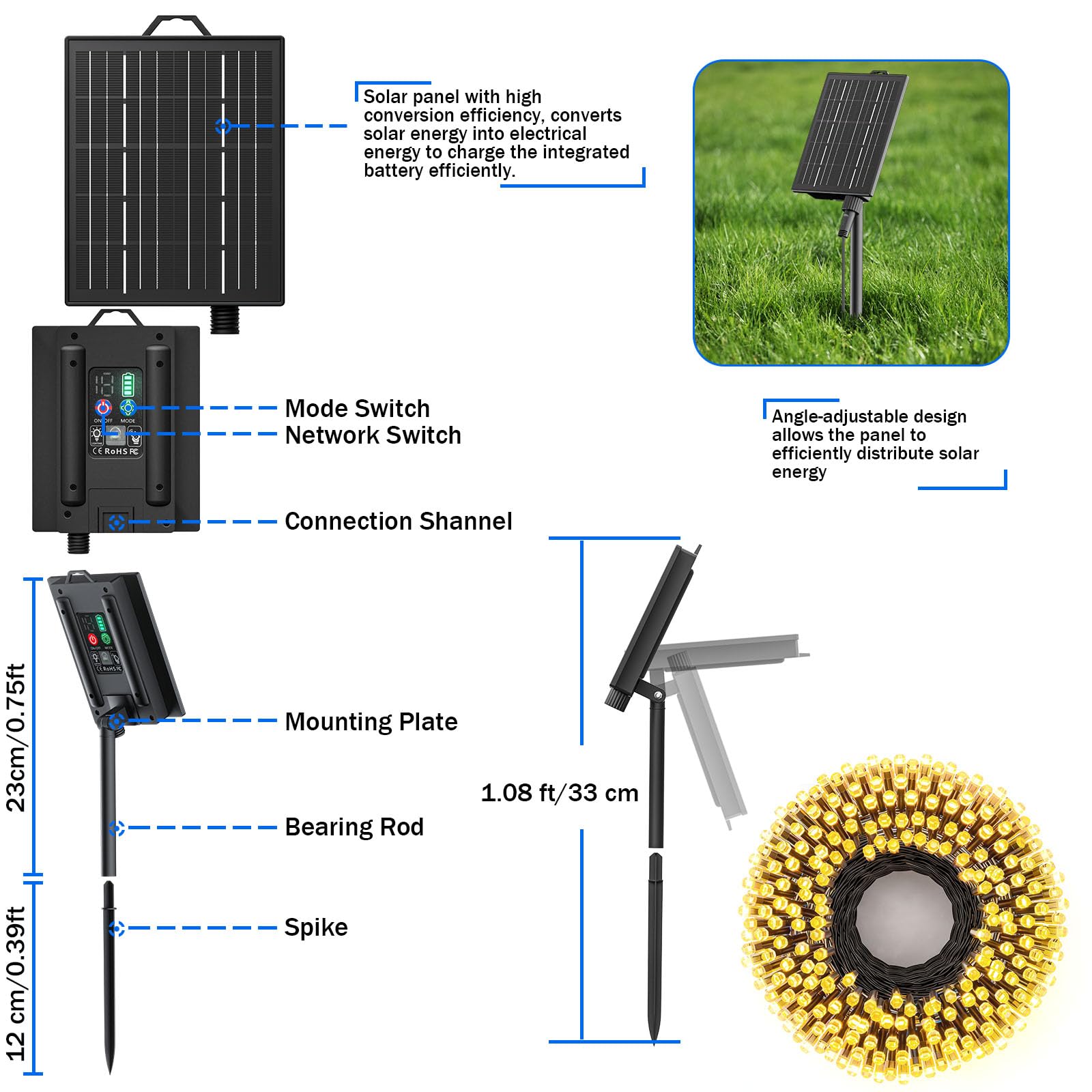 SOLARBABY Striscia di luci a energia solare, 40 m, 400 LED, impermeabili, 8 modalità, luci per giardino, albero di Natale, feste, vacanze, decorazioni natalizie per esterni/interni, bianco caldo