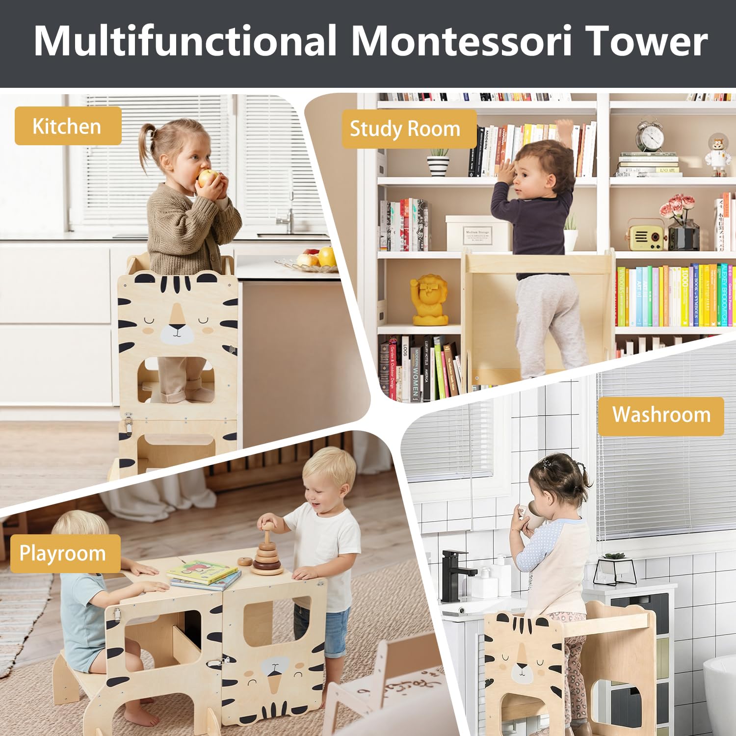 labebe lernturm für Kinder, klappbar Montessori Learning Tower, 3 in 1 lernstuhl Kinder mit Message Boards ab 1 Jahr-Tiger