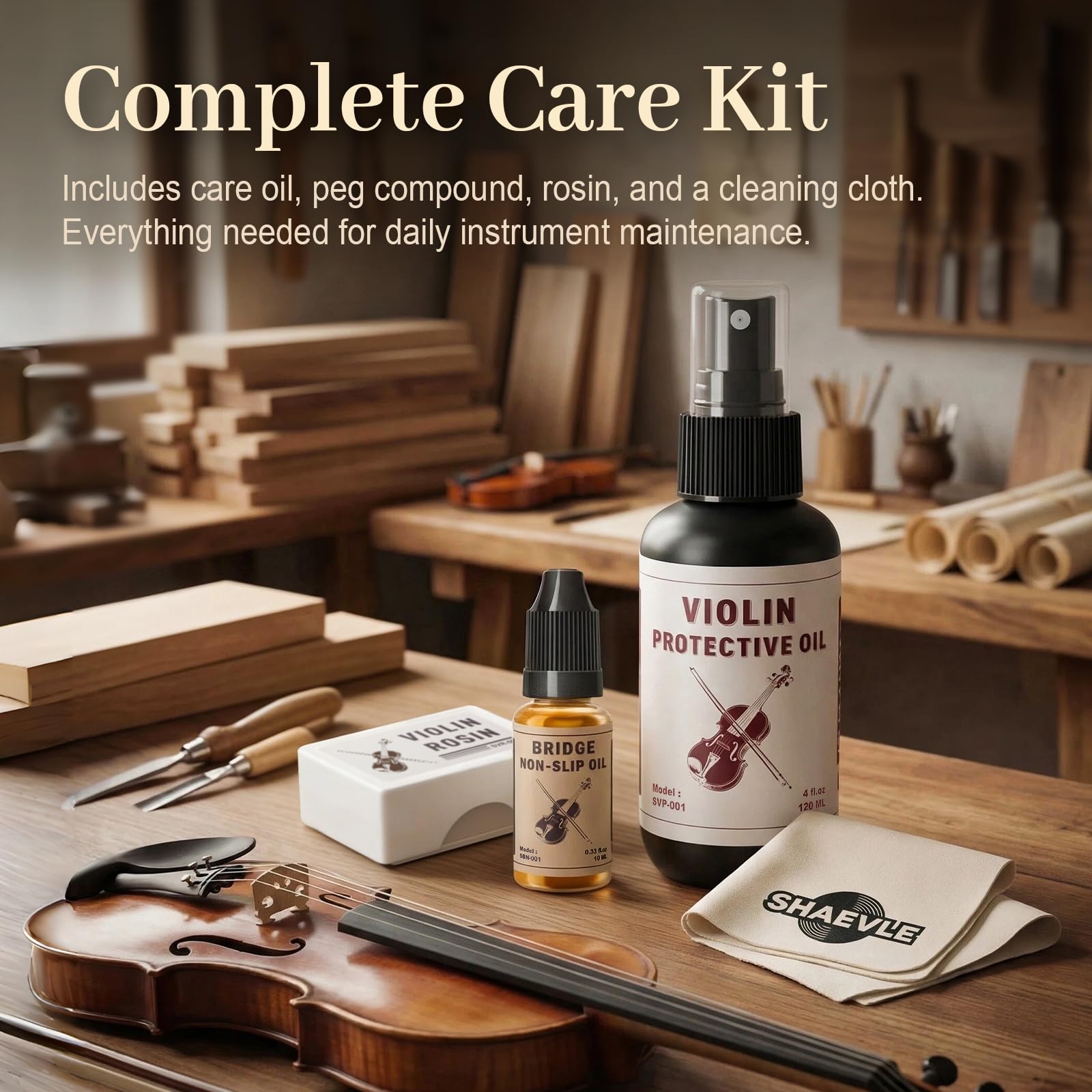 Kit d'entretien pour violon et alto – Kit de nettoyage et de maintenance pour instruments à cordes, incluant colophane, huile protectrice, huile antidérapante pour chevalet et chiffon de nettoyage