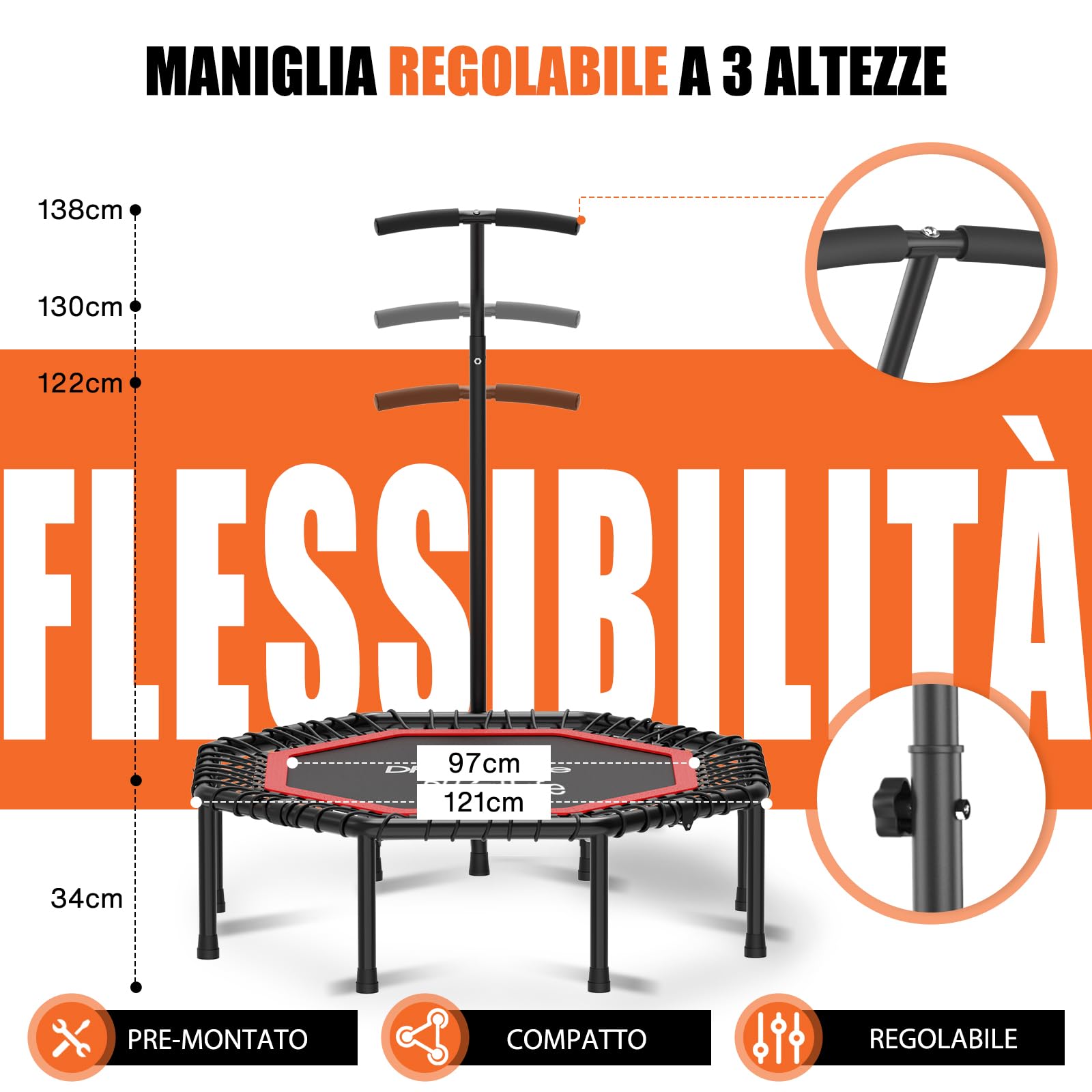 DH FitLife Trampolino Fitness Indoor Pieghevole senza Installazione | Trampolino Ø121 cm 48 Pollici | Portata 150 kg | Maniglia Regolabile a 3 Altezze | Stabile e Silenzioso