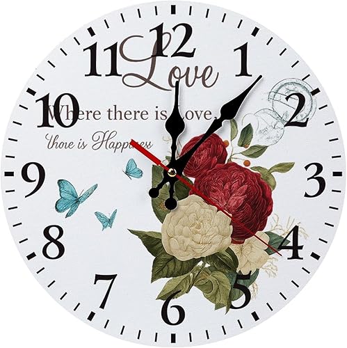 Country Retro Red Roses Flower Wall Clocks Silent Non Ticking Wooden Clock Battery Operated Round Decor for Kitchen Livingroom Bedroom 12 Inch