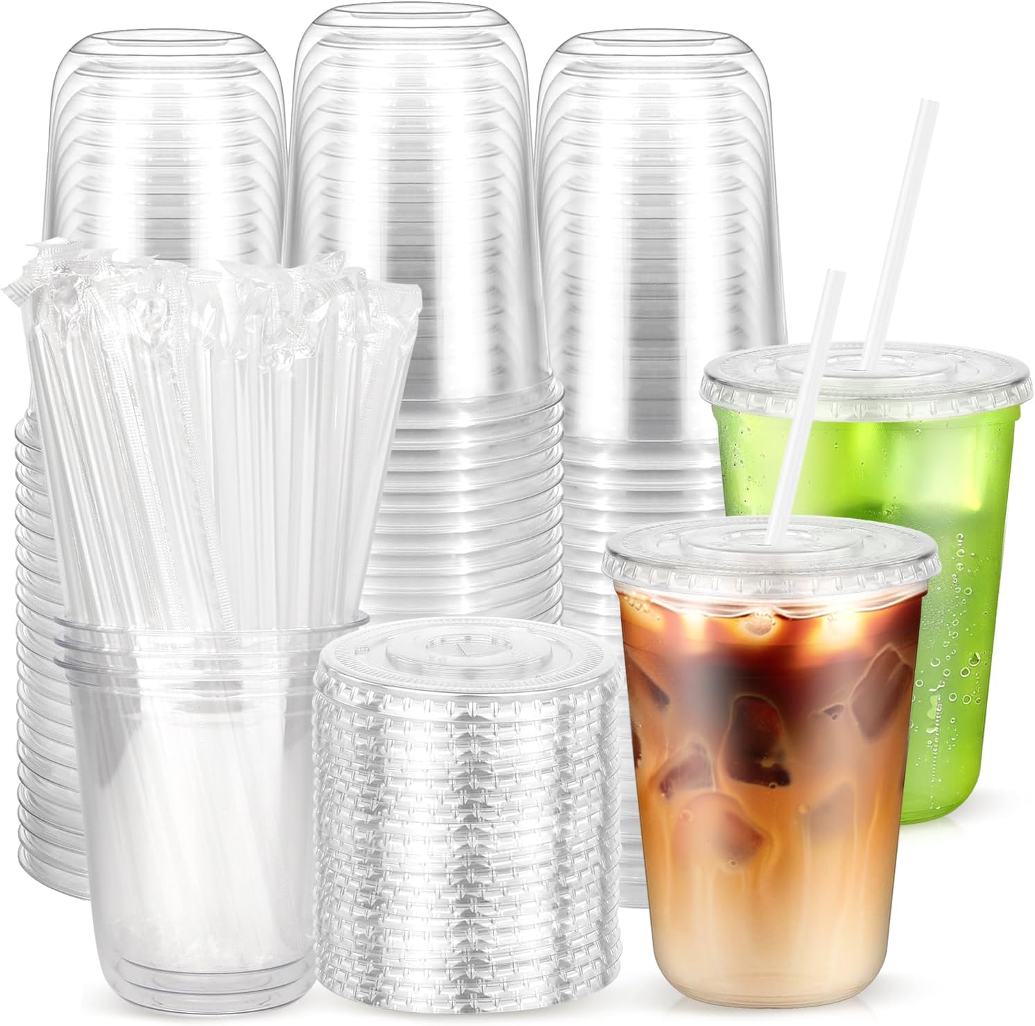 50PCS 14 oz Clear Cups with Lids and Straws, Plastic Disposable Coffee Smoothie Milkshake Juice Cups To Go, Iced Drink Cold Beverage Cup for Home, Office, BBQ, Parties, Outdoor Events, Travel