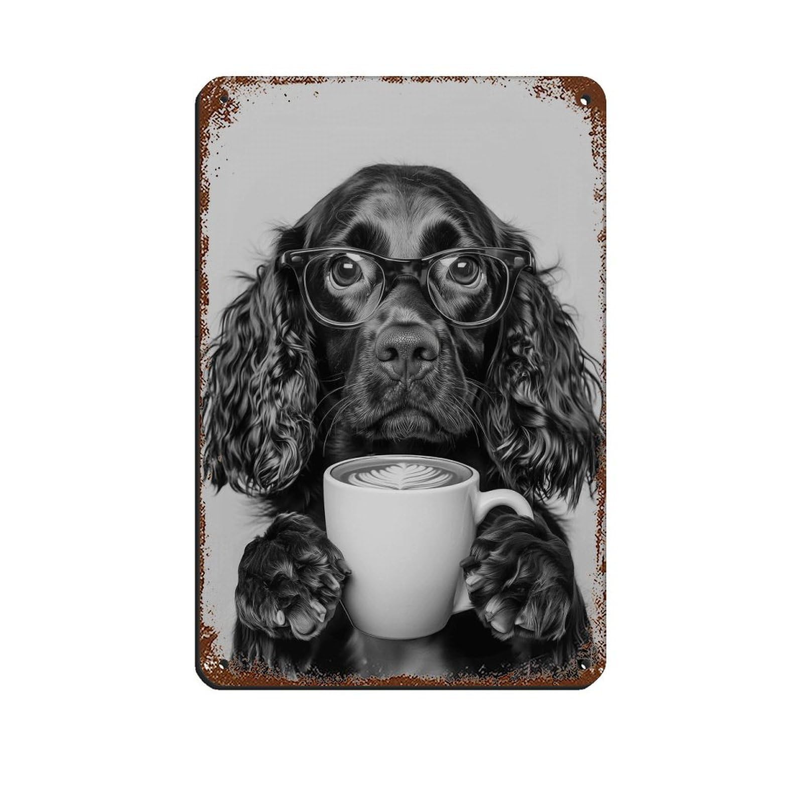 Wjwart Style Sprocker Spaniel Drinking Coffee Retro Poster Metal Tin Sign Chic Art Retro Iron Painting Bar People Cave Cafe Family Garage Poster Wall Decoration 8X12inch(20X30cm)