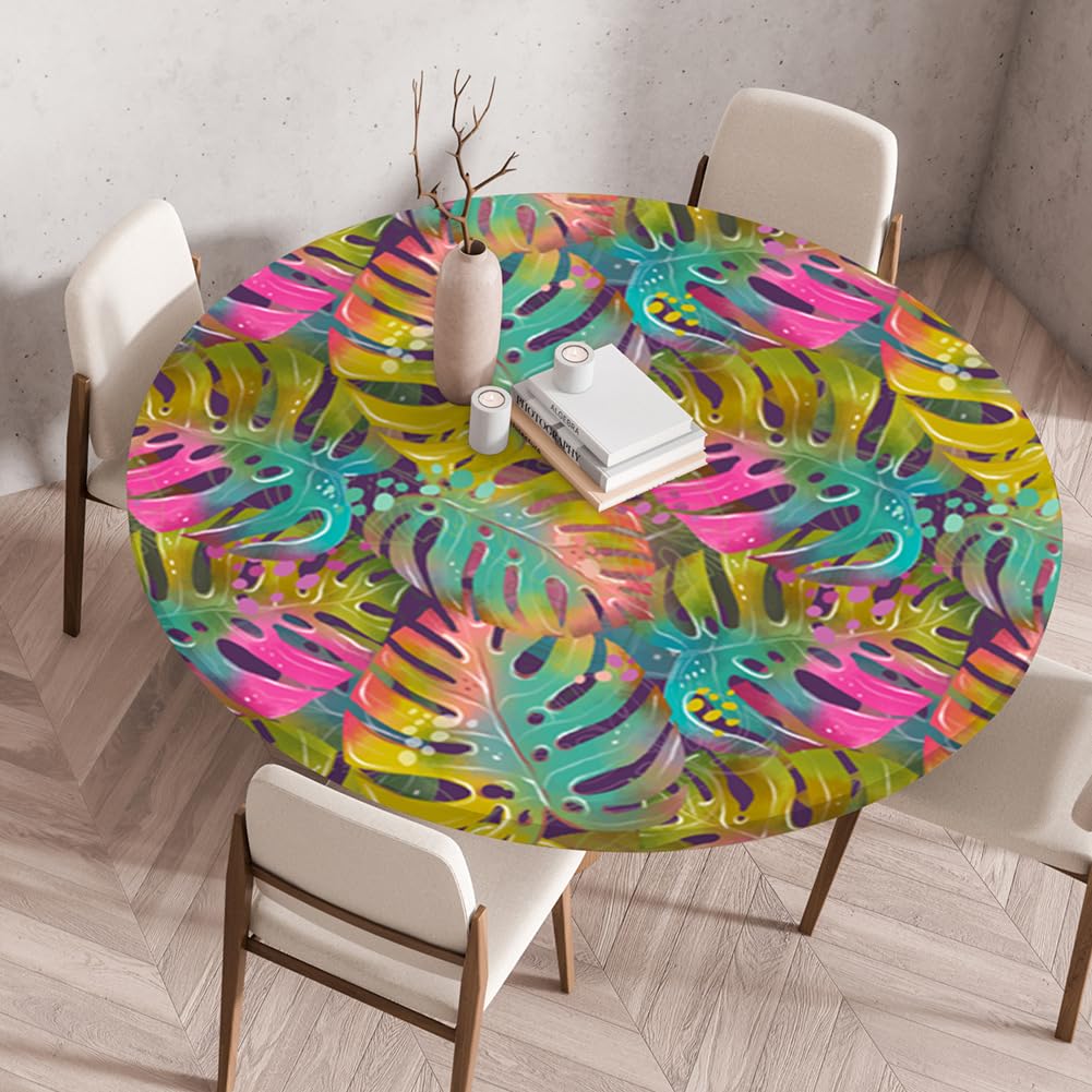 Tischdecke Rund 140 cm Gelbes Retroblatt Gartentischdecke Wetterfest Elastisch Abwaschbar Runde Tischdecke Outdoor Indoor Wiederverwendbare Table Cloth für Garten Restaurant