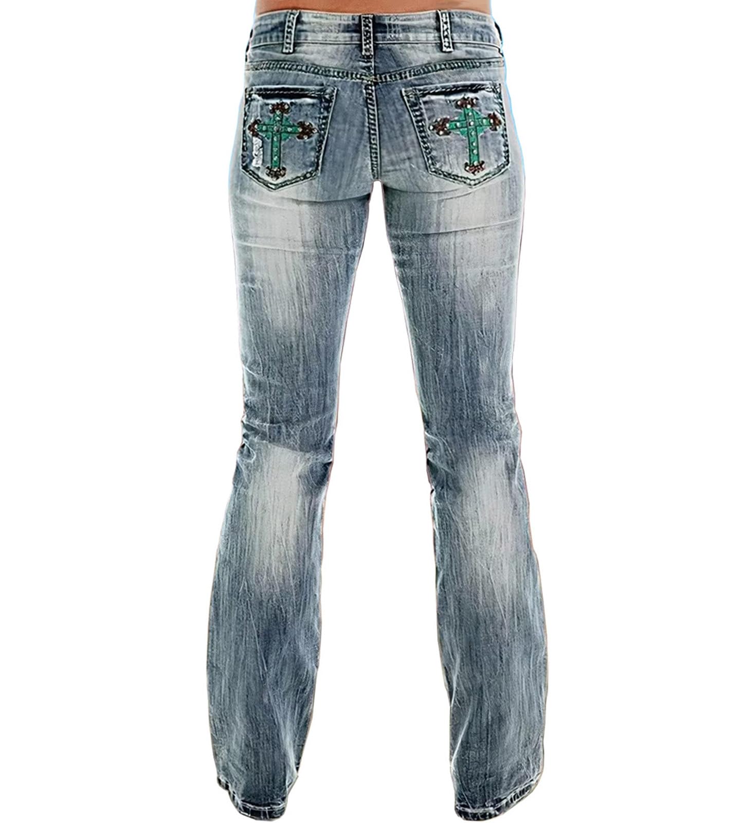 Bootcut Jeans for Women Mid Rise Ripped Distressed Embroidered Cross Jeans Stretchy Fit Denim Long Pants