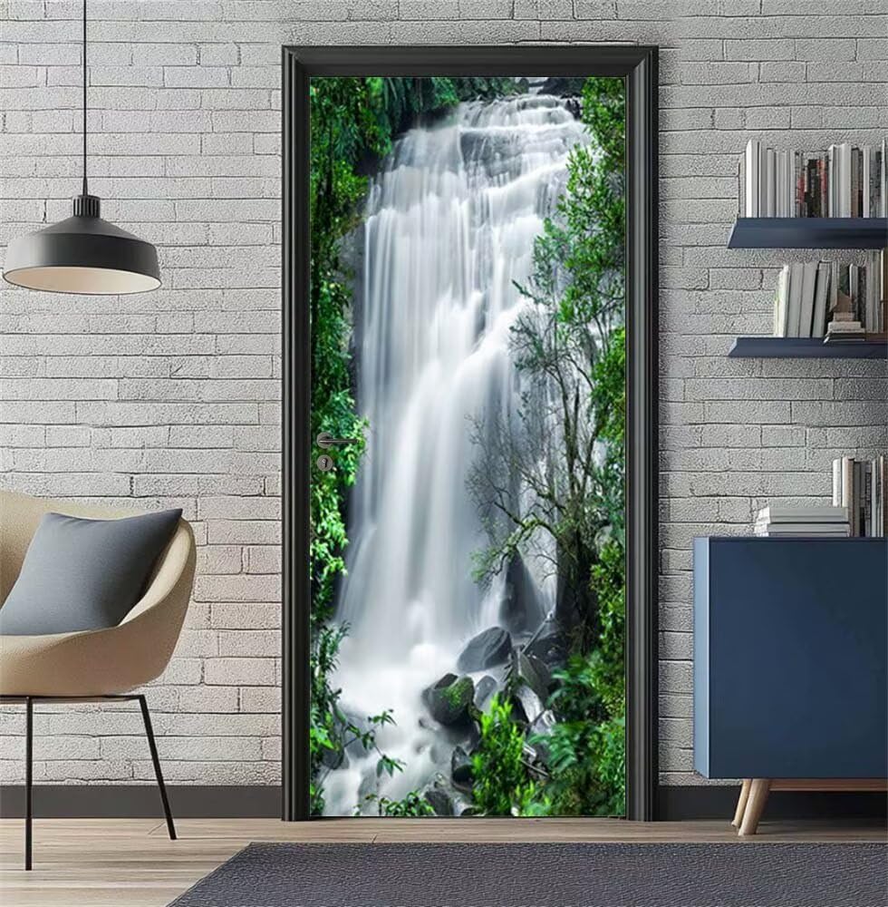 Door Stickers Murals Waterfall Plants 3D Self Adhesive Door Decals for Interior Doors Waterproof Wall Decals Poster Sticker Wallpaper for Bedroom Bathroom Home Decor 35.4"X78.7"/90X200cm -DS3776