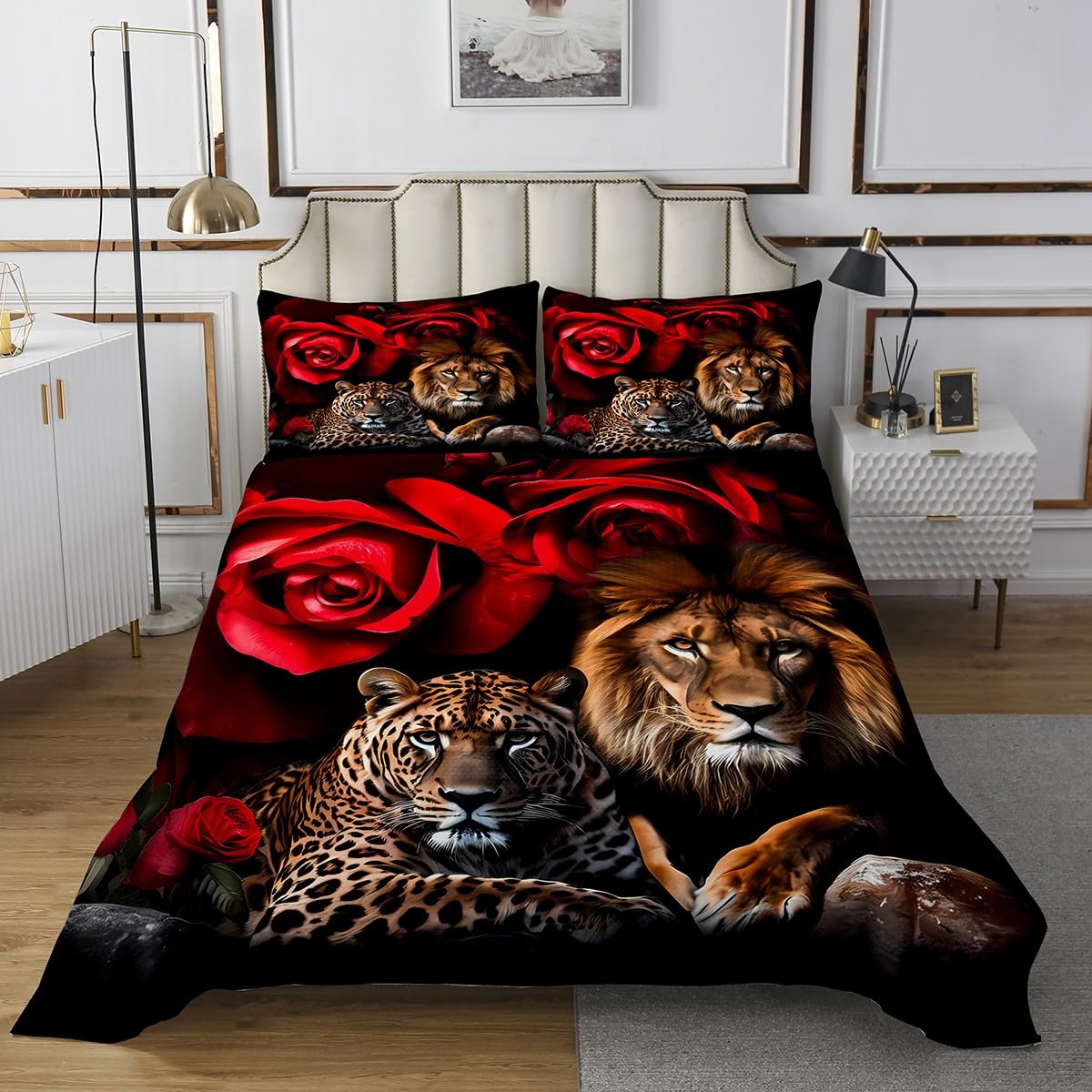 Lion Tiger Quilt Set Coverlet Girls Women Rose Floral Wild Animal Bedspread for Kids Teens Room Decor Romantic Flower Safari Print Quilt Sets Wildlife Coverlet Set 3Pcs King Size