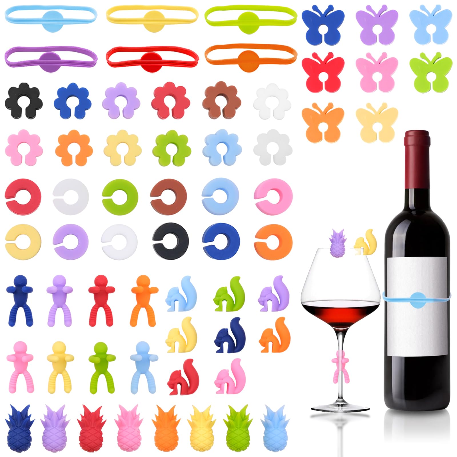 62 Pcs Reusable Silicone Glass Markers, 7 Assorted Designs, Glass Identifier for Wine Glasses, Champagne Flutes, Tumblers Mugs, for Parties Weddings Home Bar Gatherings