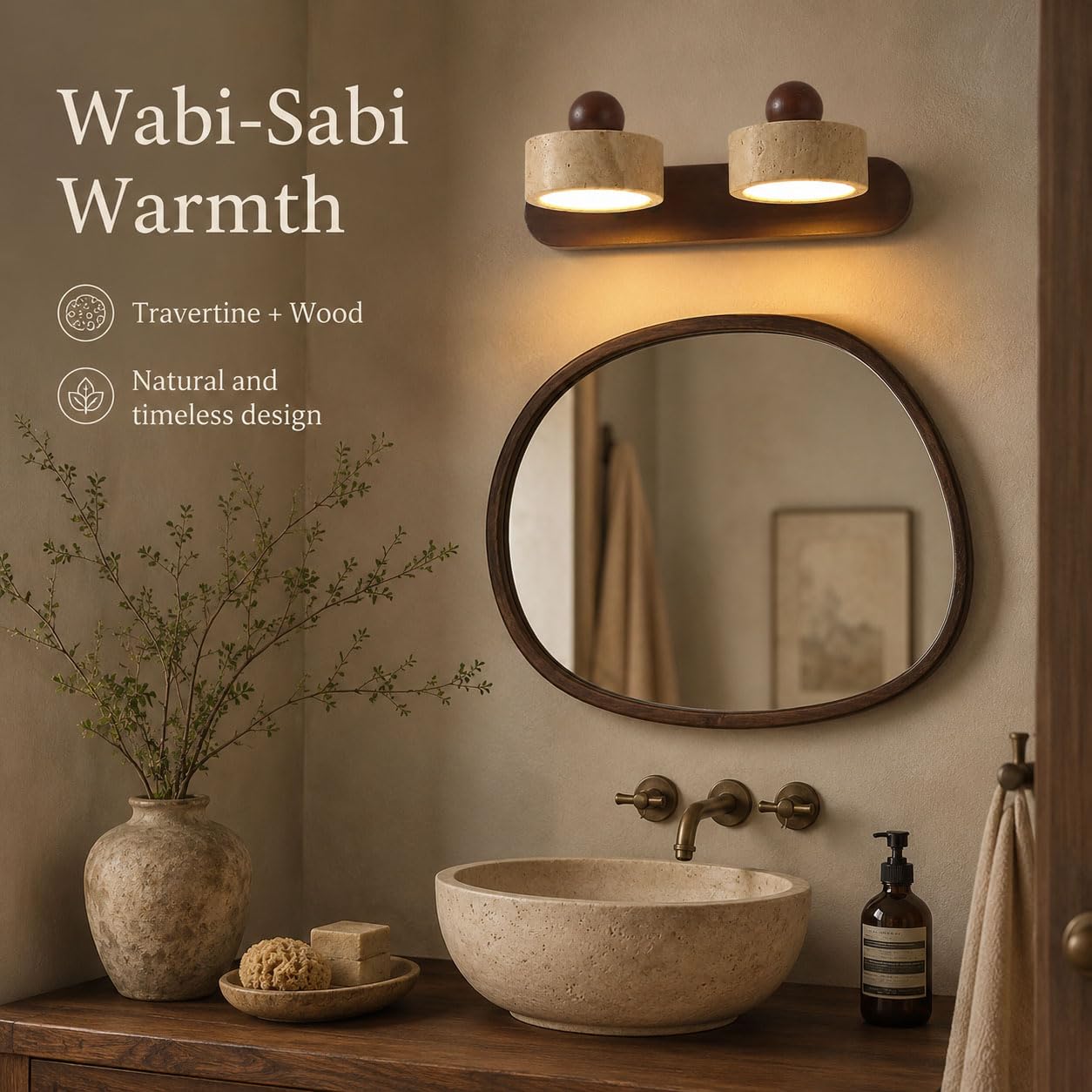 Spiegelleuchte Bad aus Naturtravertin und Massivholz, LED Badlampe über Spiegel, 2/3/4 Leuchtenköpfe, 3000 K Warmgelbes, 180° drehbar, Walnuss/Naturholz, für Schminktisch,Walnut color,2 Light