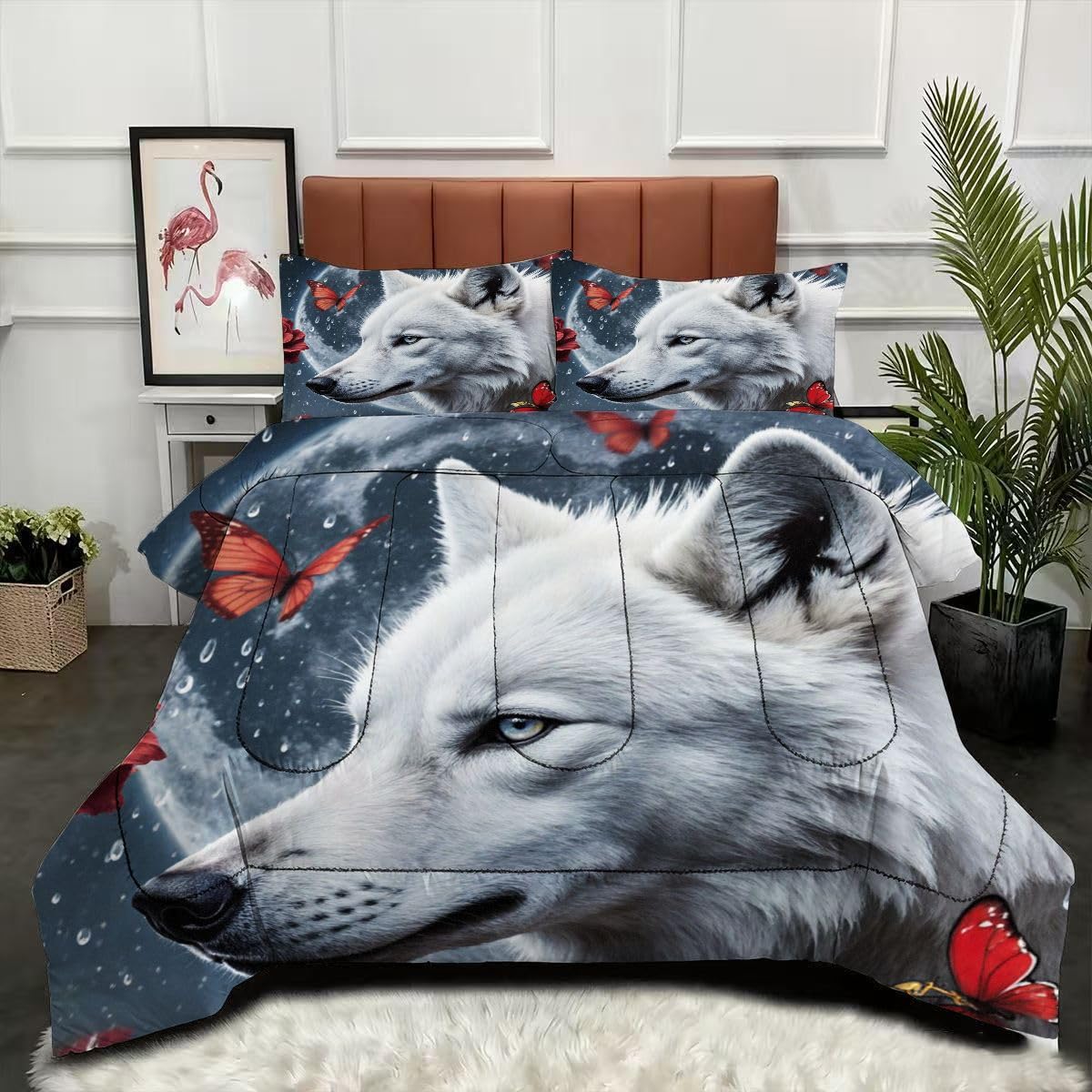 Couette 220x240 cm sans housse 4 saisons, parure réversible grand confort avec motif loup