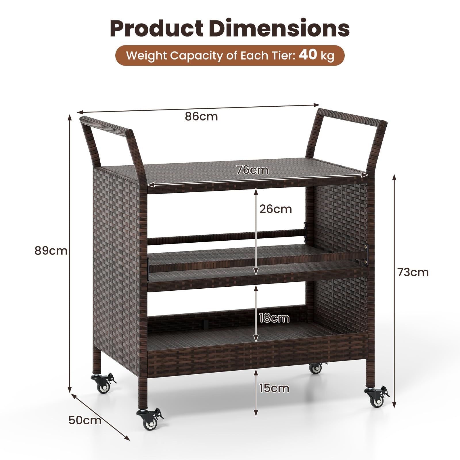 KOMFOTTEU Carro de Cocina con Ruedas, Carrito de Servicio de Ratán de 3 Niveles con Asas, Carro de Barbacoa para Comedor, Jardín, Picnic, 86 x 50 x 89 cm