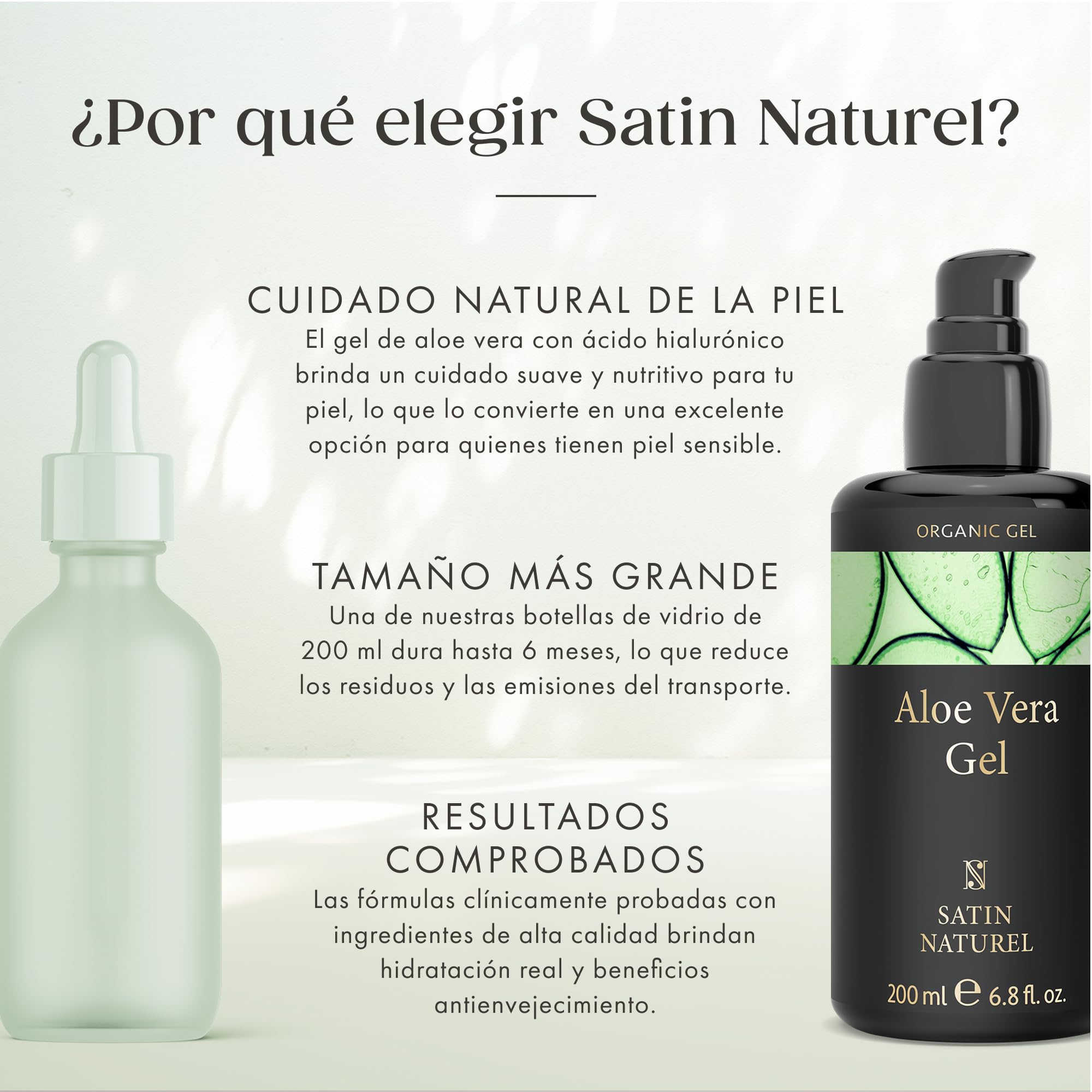 Satin Naturel Gel de Aloe Vera Bio 200 ml – 100% Vegano & Cosmética Natural - Gel de Aloe Vera Concentrado - Con Ácido Hialurónico & Pantenol - After Sun & Cuidado Hidratante Rostro, Cuerpo y Cabello