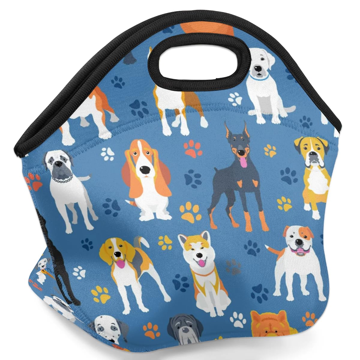 Dog Print Neoprene Lunch Bags for Kids Lunch Tote Reusable Waterproof Cooler Lunch Box Organizer for Work School