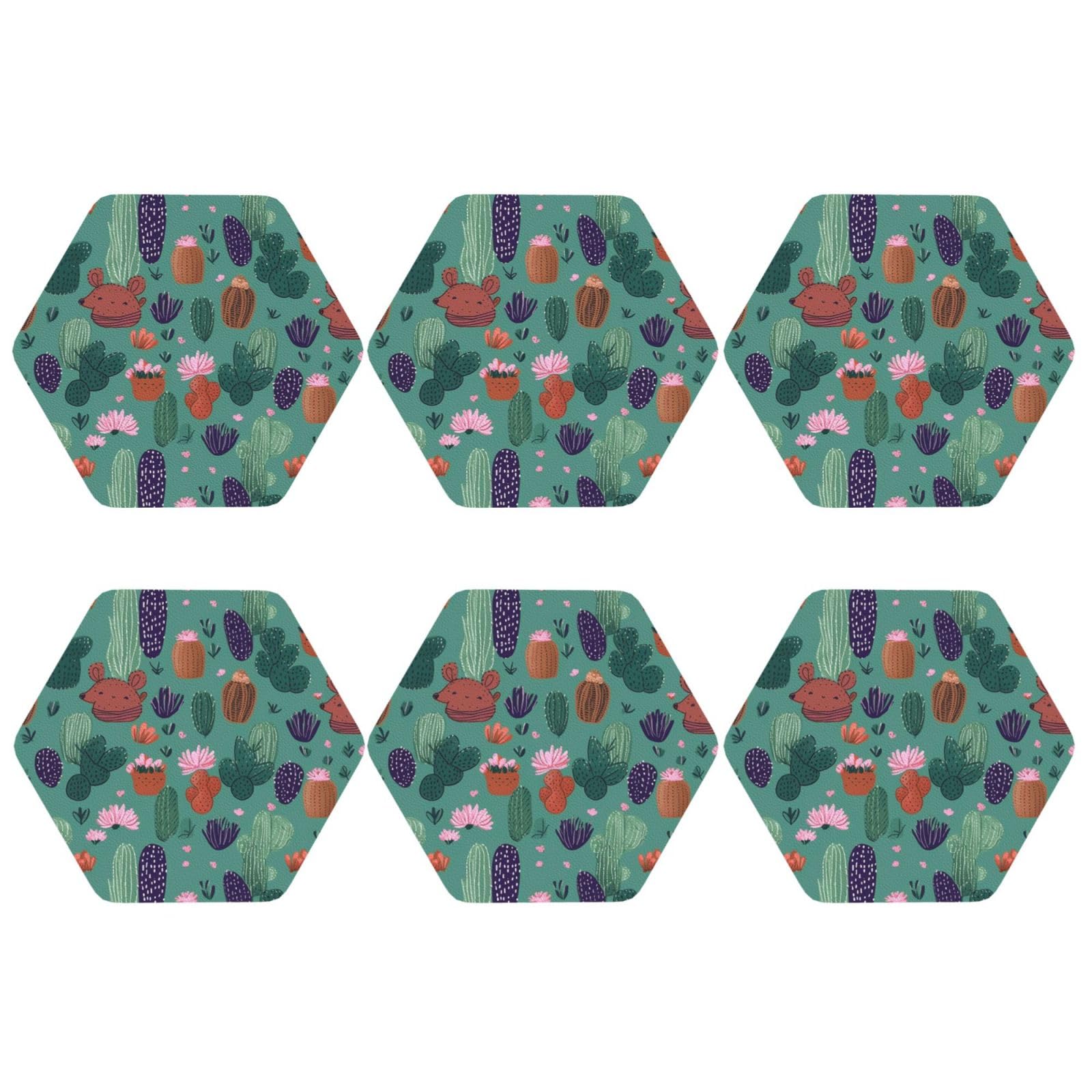 6pcs Leather Coasters for Drinks, Cactus Pattern Drink Coasters for Tabletop Protection, 4" Cup Coasters for Coffee Table Decor, Non-Slip Drinking Cup Mat for Hot Or Cold Drink