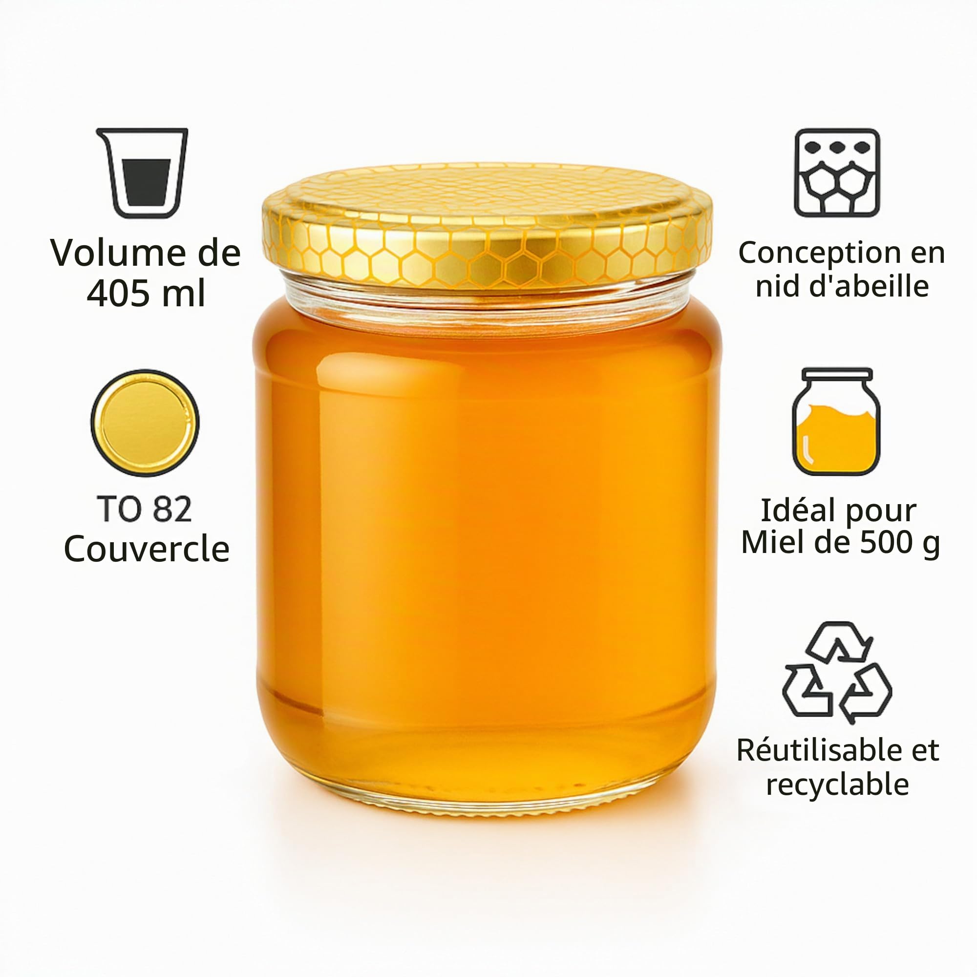gouveo Lot de 48 Pots à Confiture 500g «Miel» avec Couvercle à Vis Nid d'Abeille - Pots de Conservation avec Bouchon à Vis TO82 - Pots de Conservation Vides, Pots (HGTO500BW)