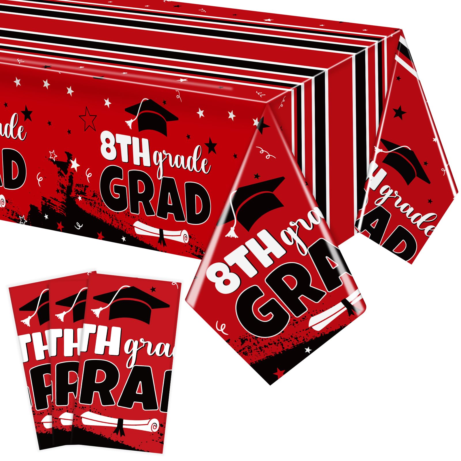 Jingmore 3 Pcs 54 x 108 Inch Red 8th Grade Graduation Tablecloths Rectangular Plastic Table Cover for 2025 Graduation Party Decorations and Party
