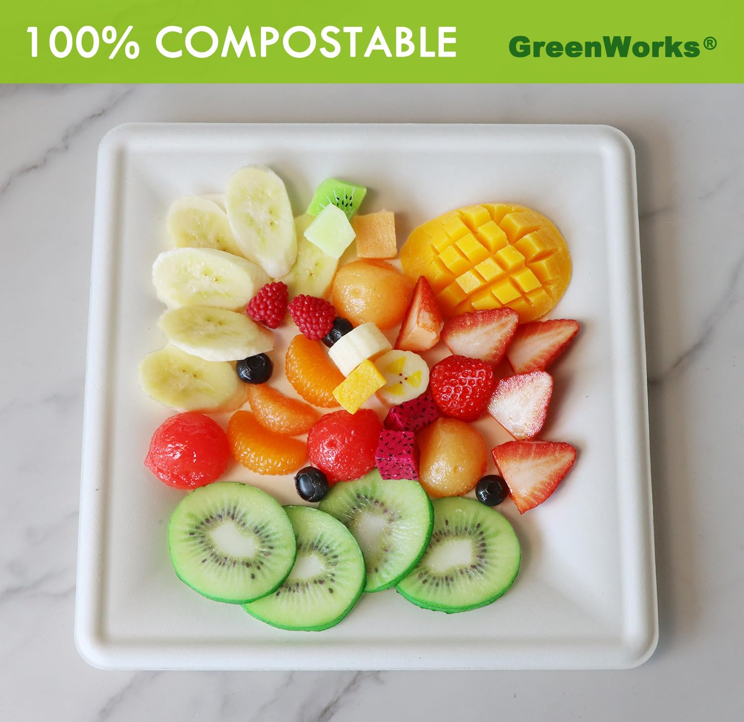 GreenWorks 100 platos cuadrados compostables cuadrados de 25,4 cm para bagazo y fibra de bambú