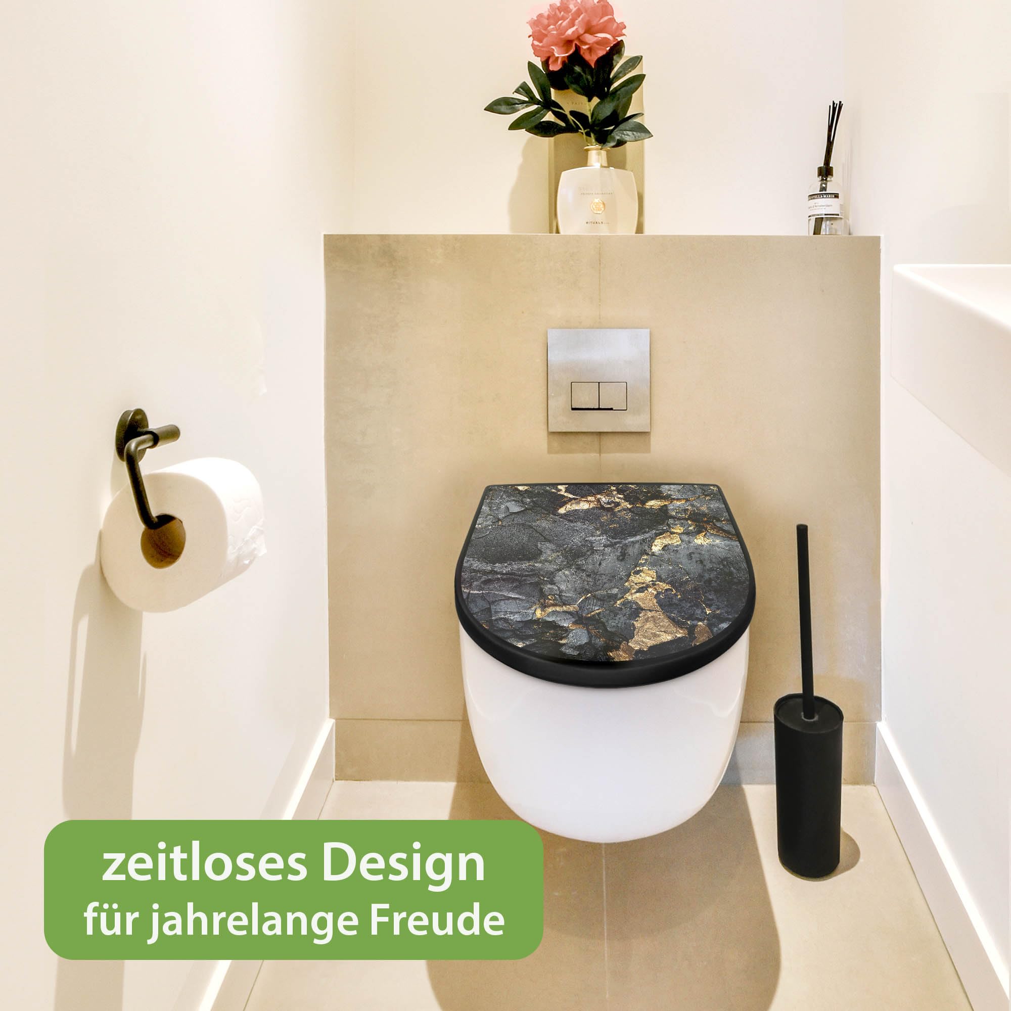 banjado WC Sitz mit Absenkautomatik D Form - Toilettendeckel mit Absenkautomatik D Form - Klodeckel Softclose - stabile Klobrille - Toilettensitz Schwarz - Motiv Schwarzer Marmor mit Gold 1