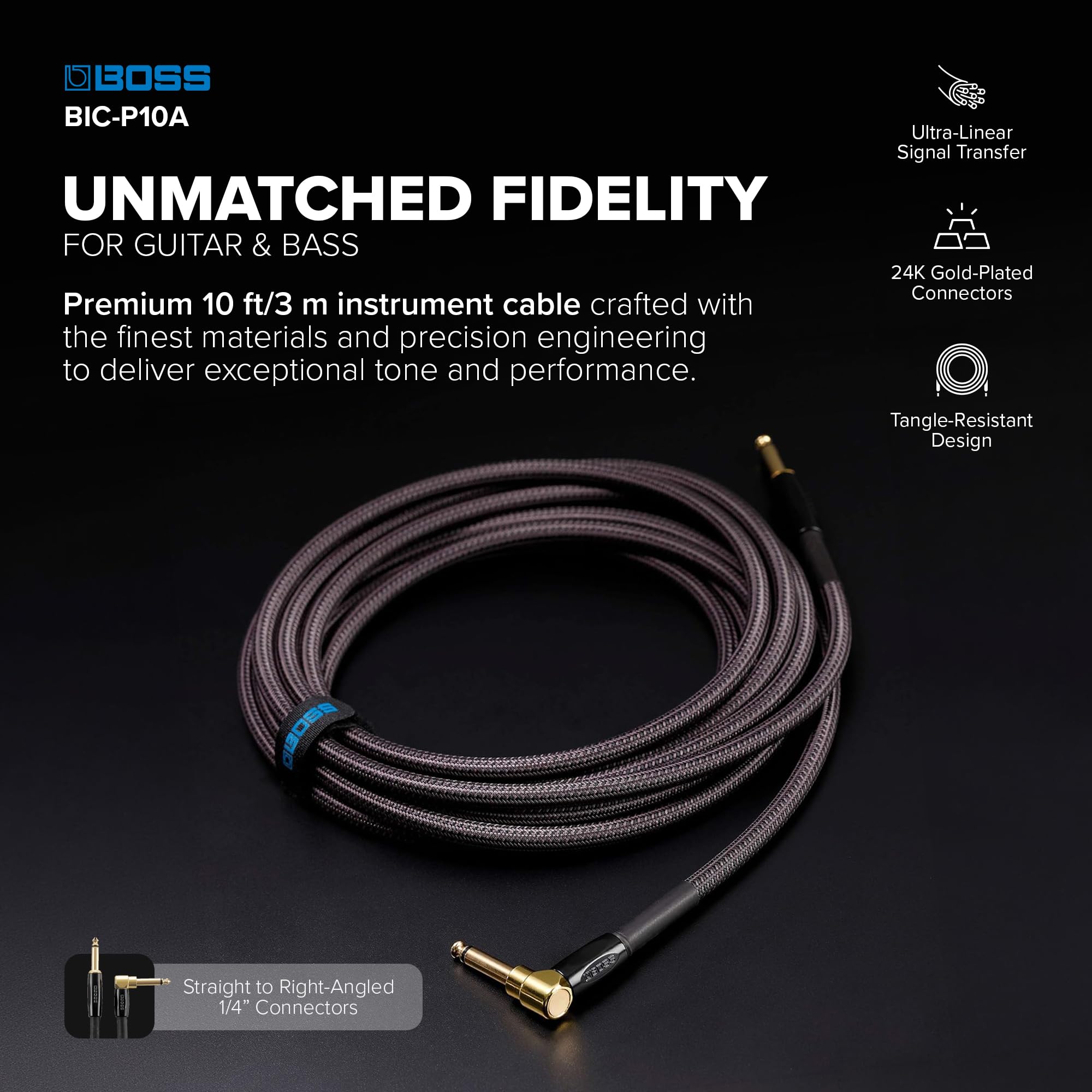 BOSS BIC-P10A, Instrumentenkabel mit geraden auf gewinkelten 6,3-mm-Klinkensteckern, 10ft / 3m