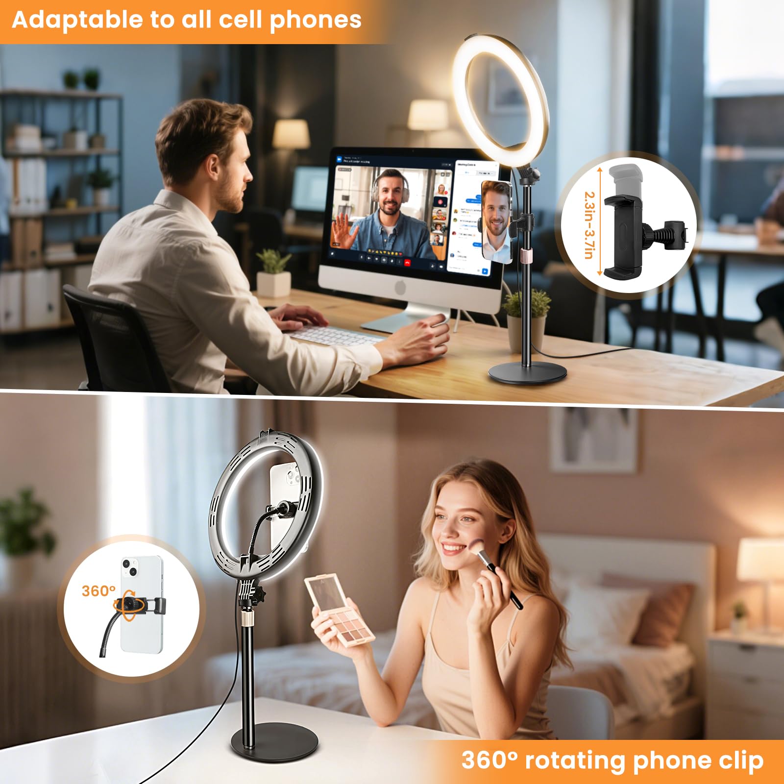 MACTREM Luce ad anello da scrivania da 25,4 cm con supporto, luce LED circolare da tavolo con supporto per telefono, per riunioni con zoom del computer, luce per videochiamate per conferenze