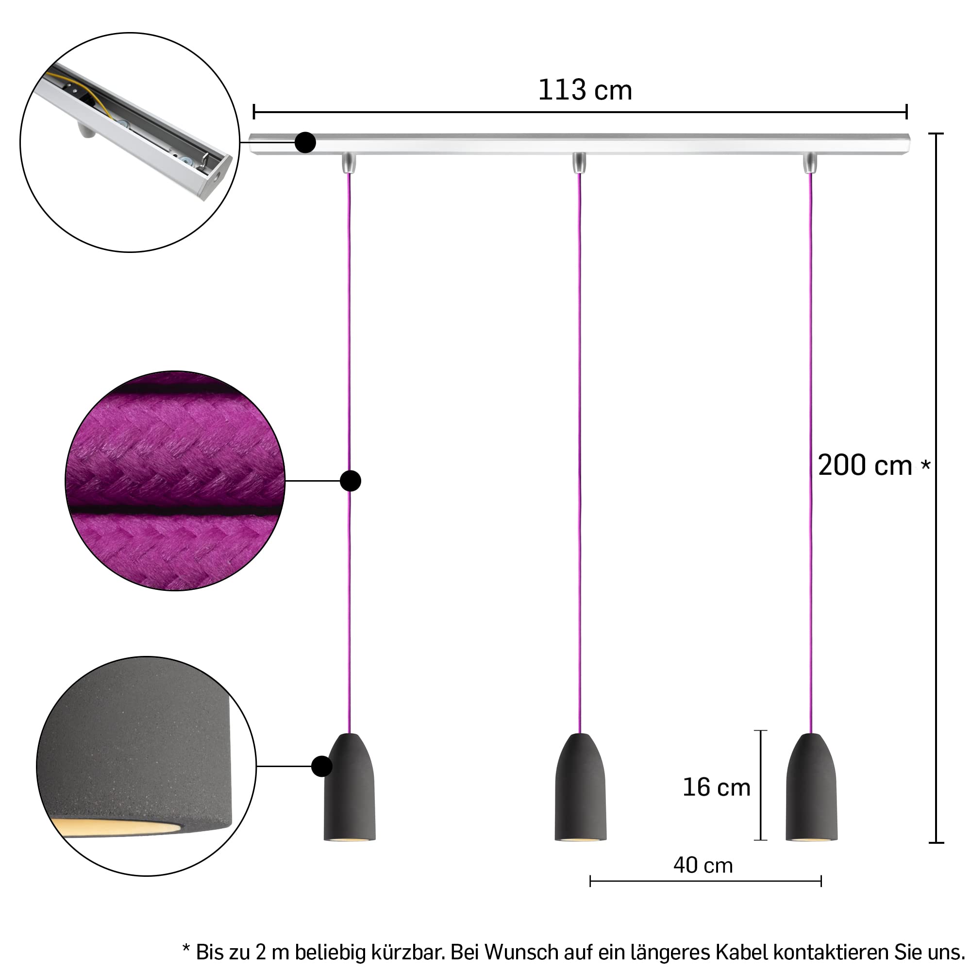 Illuminazione da tavolo da pranzo rotonda (33 colori cavi), binario da soffitto a 3 luci, per sala da pranzo, cemento, grigio scuro, dimmerabile, esclusiva