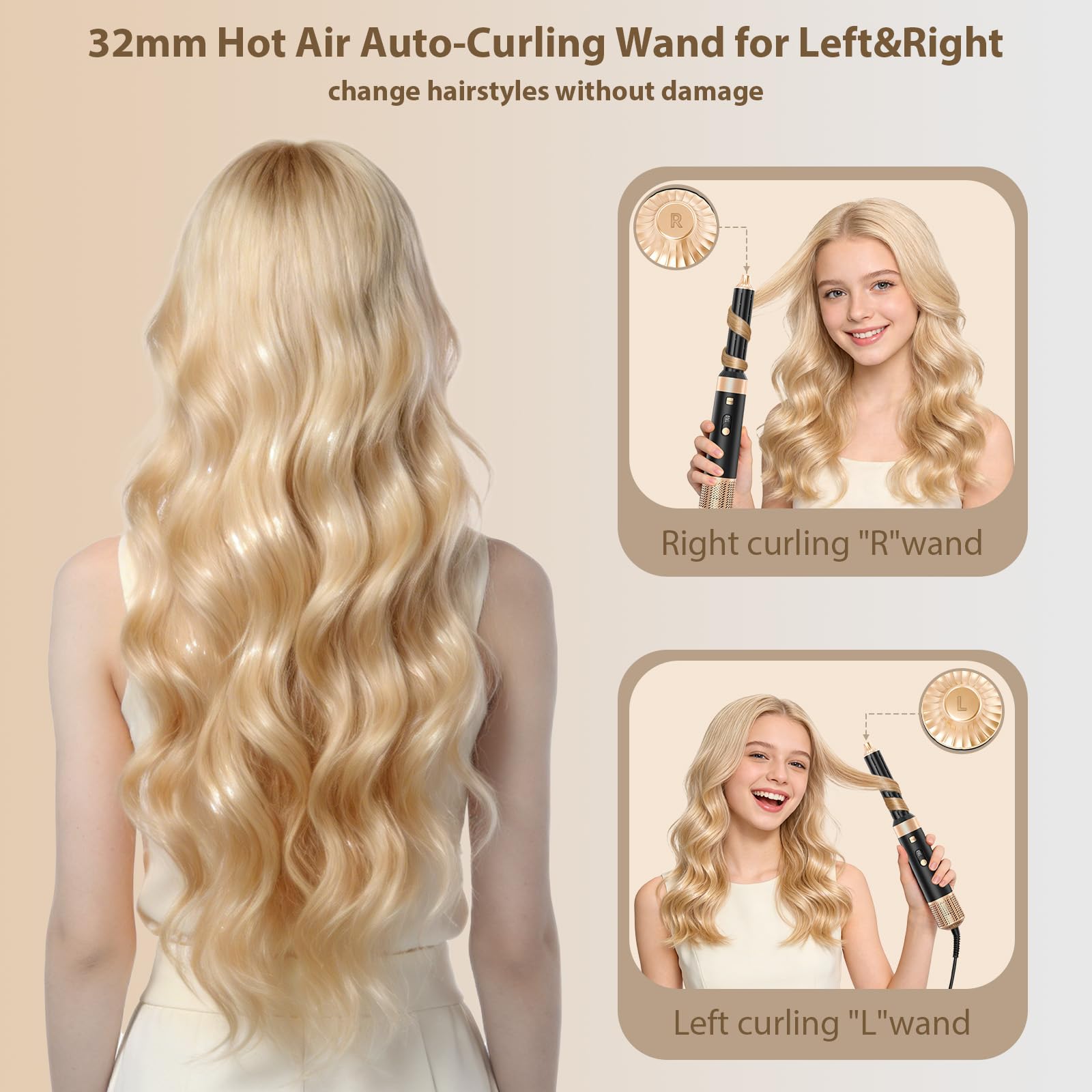 Sendowtek Cepillo Secador de Pelo 6 en 1, Hot Air Hair Styler con Aparatos para el Cabello Multifunción, Moldeador Secador de Aire Caliente con Rizador para Mujer Chica Ondulado y Secado