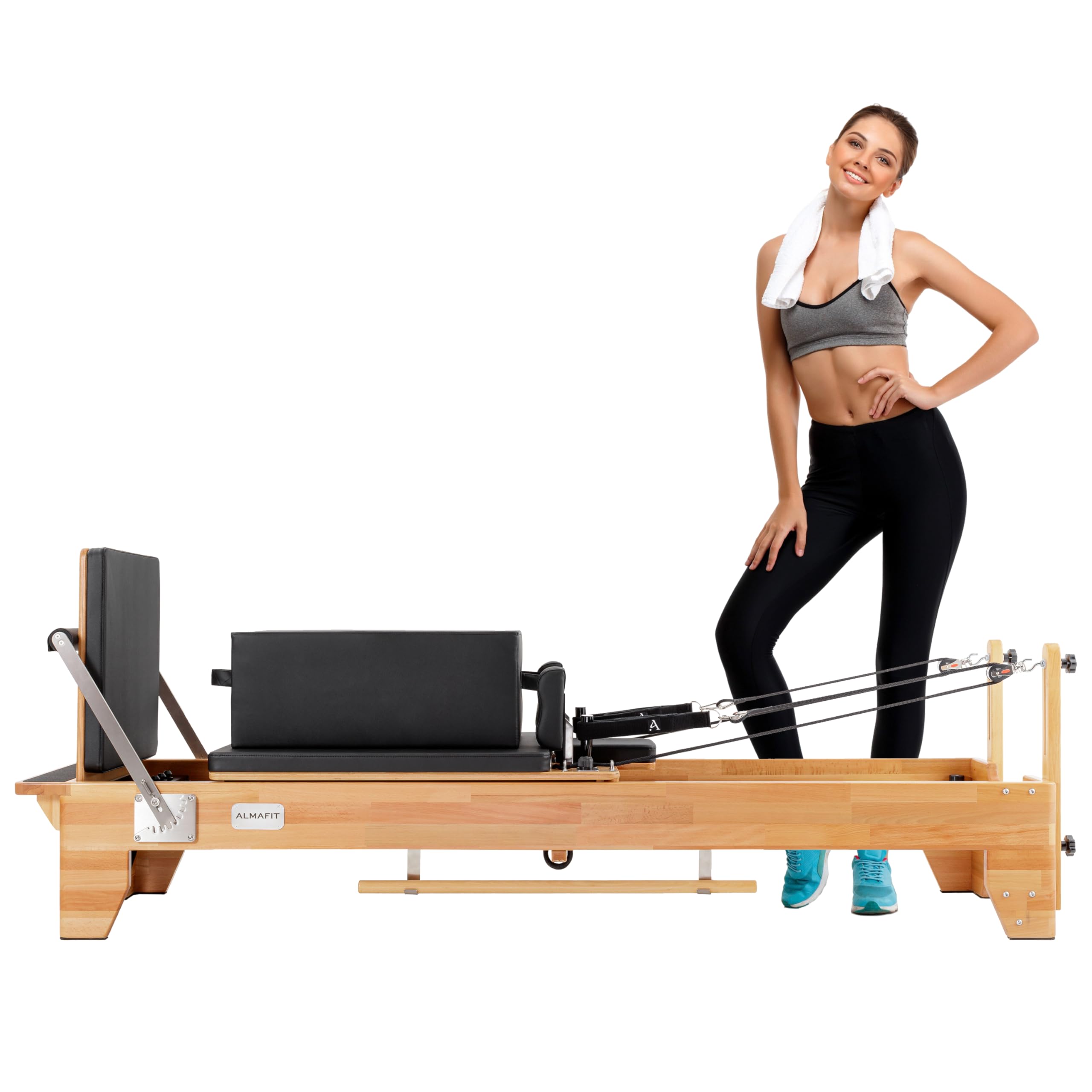 Pilates Reformer with Sitting Box & Padded jumpboard, Perfect for Home or Studio. Features Durable Black PVC Leather, Ultrafine Finish, & Adjustable Resistance, Allowing a Customized Workout
