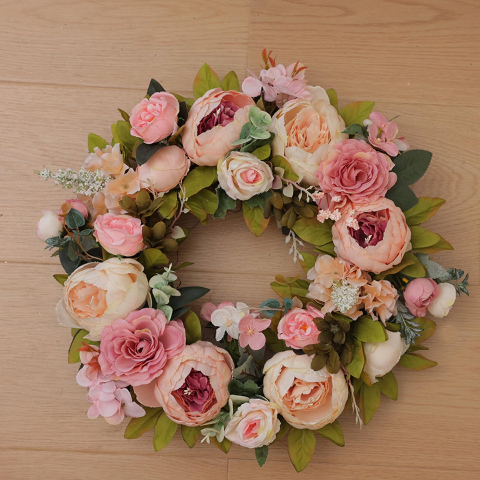 Künstlicher Pfingstrosen Türkranz in Rosa & Weiß, 45cm Blumenkranz für Haustür, Wand, Bauernhaus, Frühling Sommer, Innen & Außen, Hochzeitsdekoration